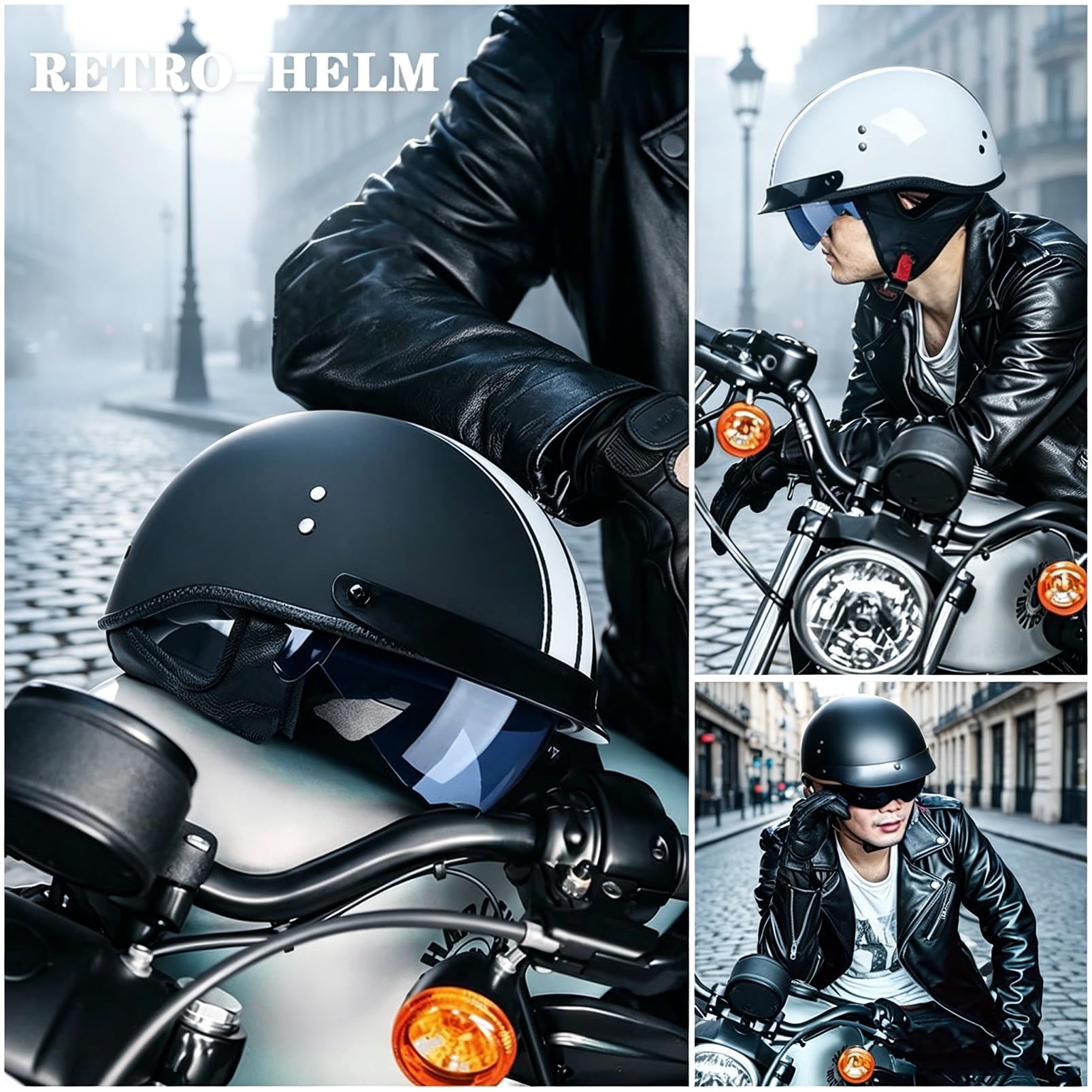Kask Motocyklowy Jet Style Retro Stripe, Urban Cafe Racer z Blendą Przeciwsłoneczną, ECE 22.06, Otwarty Kask na Motor Cruiser Bobber Chopper