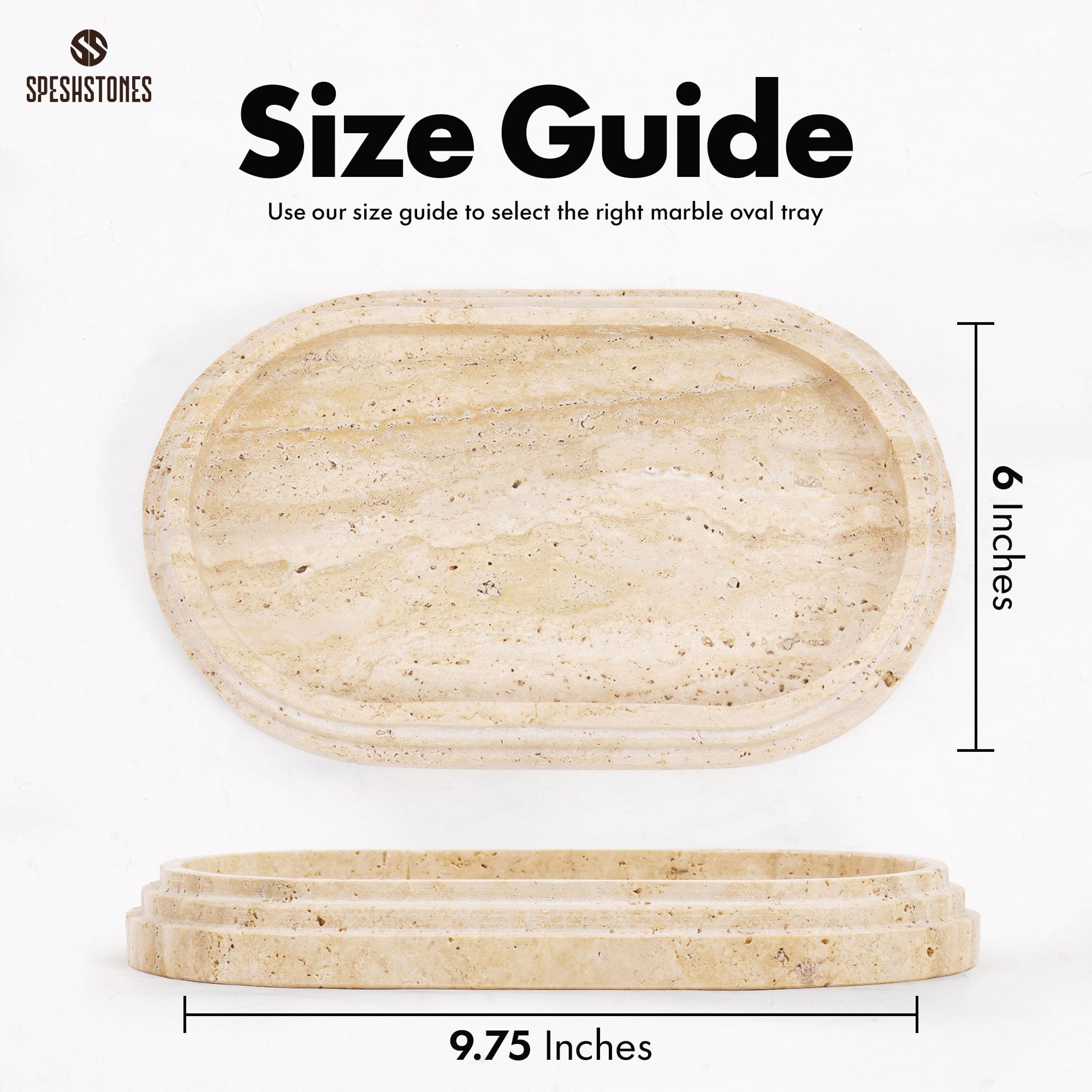 SPESHSTONES Vassoio in travertino da 24 cm, in marmo fatto a mano, per accessori da bagno, vassoi decorativi per tavolino da caffè e portacandele, vassoio per gioielli, organizer per profumi per
