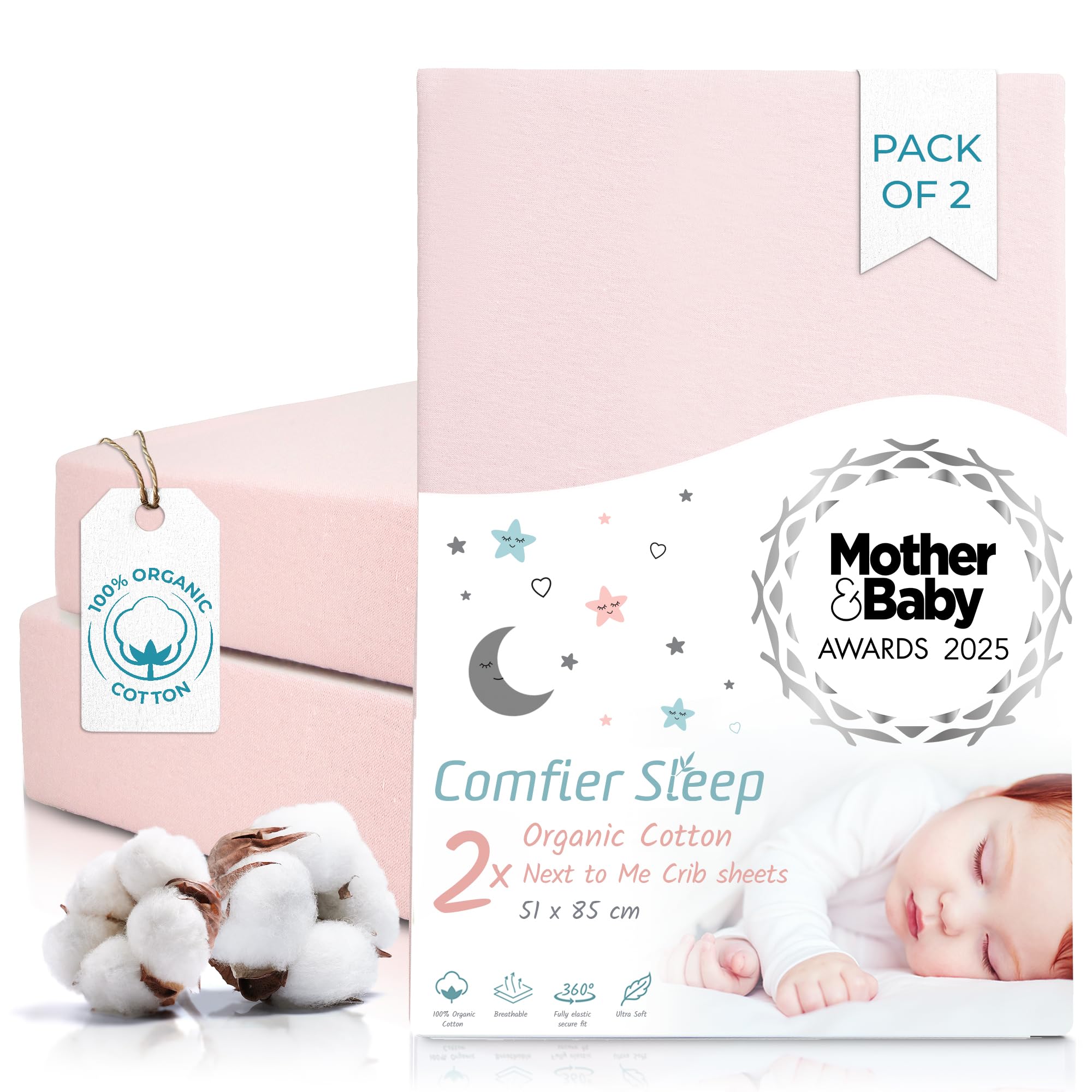 Next To Me Crib Sheets 51x85cm – Award-Winning 2 Pack Organic Cotton White Bedside Crib Fitted Sheets – Soft Breathable Tutti Bambini CoZee Fitted Sheets for Daily Use — view 23