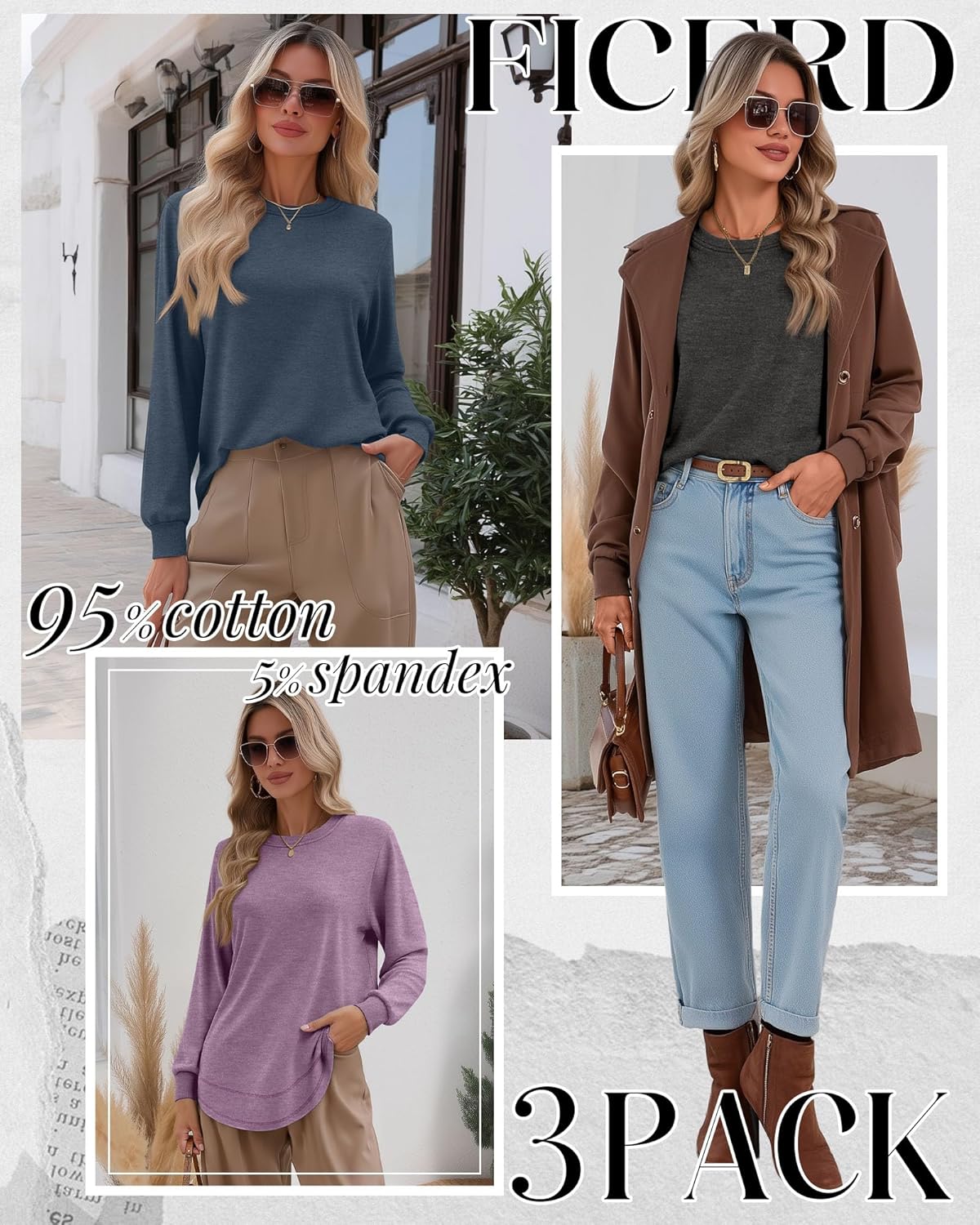 Ficerd 3 Pack Women's Long Sleeve Shirts, Cotton Crew Neck Tunic Tops Casual Loose Fit Pullover Sweatshirts Curved Hem Shirts - Image 2