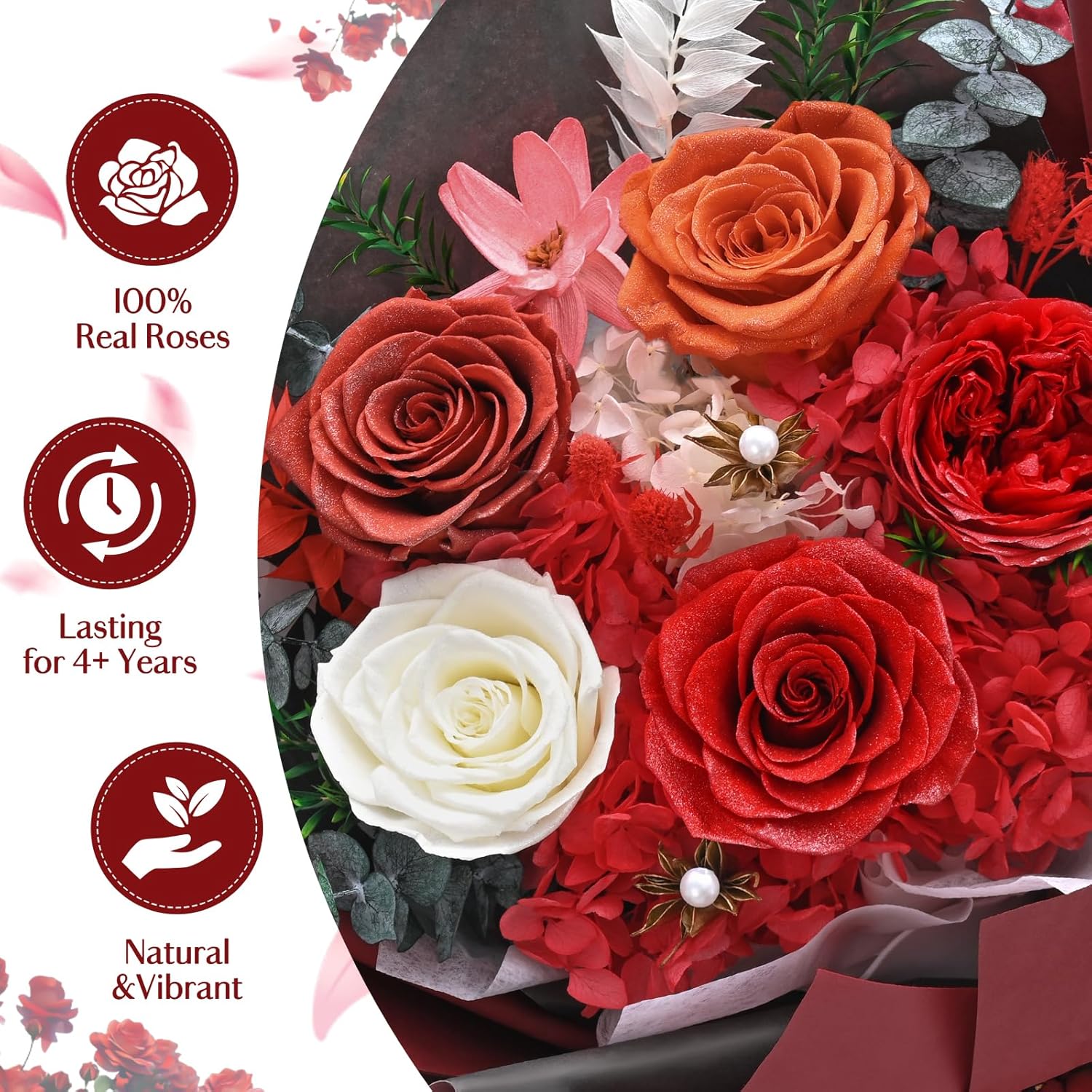 5 Pcs Glitter Red Preserved Roses Flowers Bouquet, Forever Rose Flowers for Delivery, Valentines Day Gifts for Her Women, Long-Lasting Red Roses with Vase Gift Box, Forever Flowers for Wife Mom - Image 2