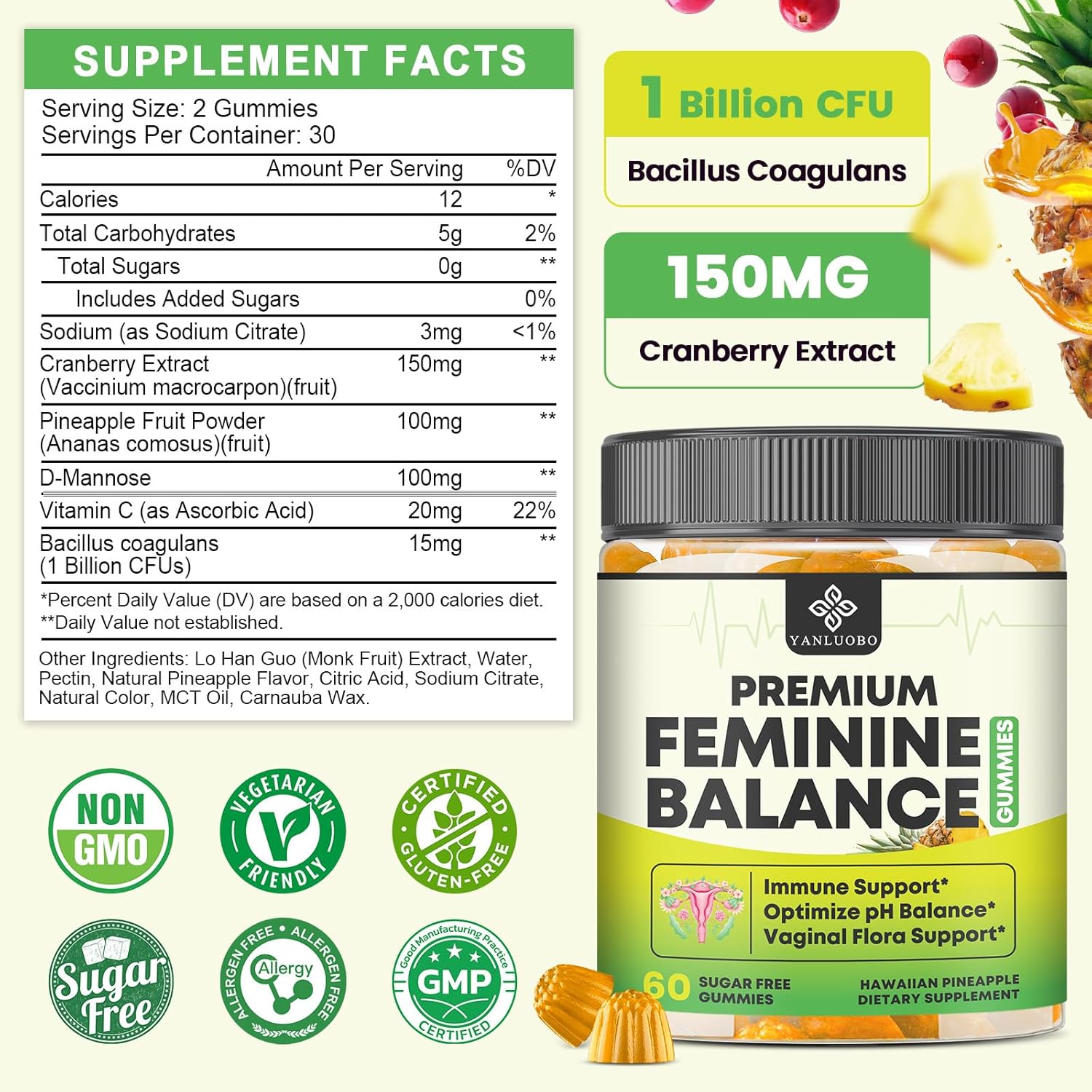Feminine Balance Probiotic Gummies - Women's Vaginal Health Support | PH Balance & Odor, Flora, Immune Support | Probiotics for Women, Vegan Pineapple Flavor, 60 Count - Image 2