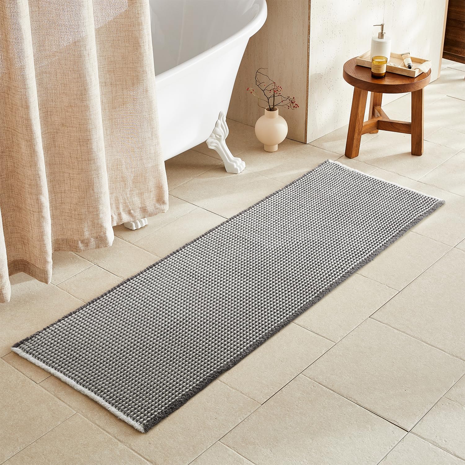 TYUU Waffle Runner Rug Bathroom, Long Boho Bath Mat, 72x24 Grey &amp; White