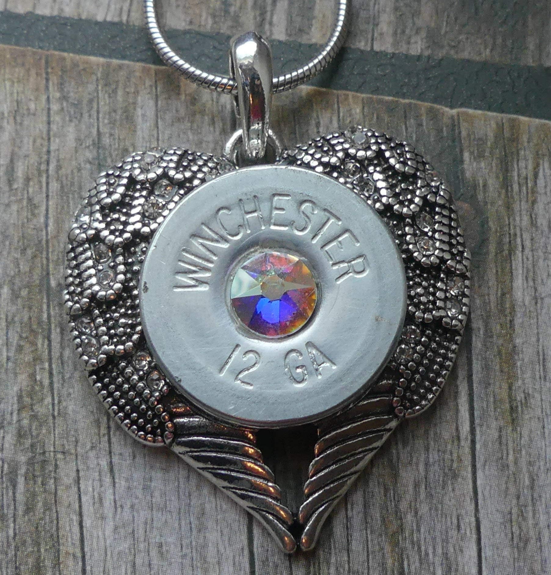 12 GA Shotgun Shell Heart Necklace with Crystal AB