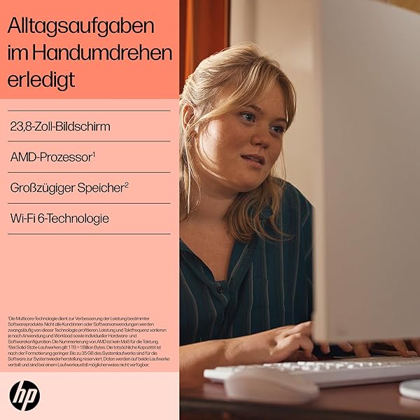 Besuche den HP- HP All-in-One Desktop-PC |23,8" FHD Display | AMD Ryzen™ 5 7520U | 8 GB DDR5 RAM | 512 GB SSD | AMD Radeon™-Grafikeinheit | Windows 11 Home | Weiß in use