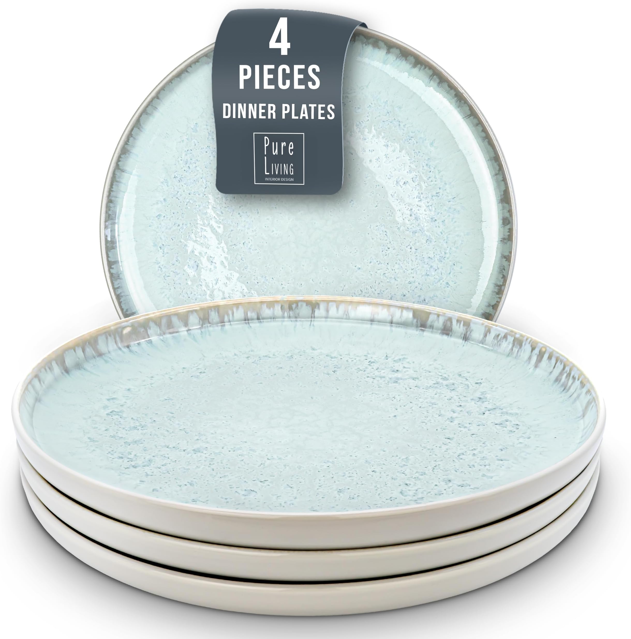 Stoneware Dinner Plates Set of 4, Modern Style Stoneware , 10.2" Ceramic Plates With Lipped Edges, Dishwasher, Microwave Safe Dinner Plates, Stoneware Plates, Kitchen Plates Beige Blue