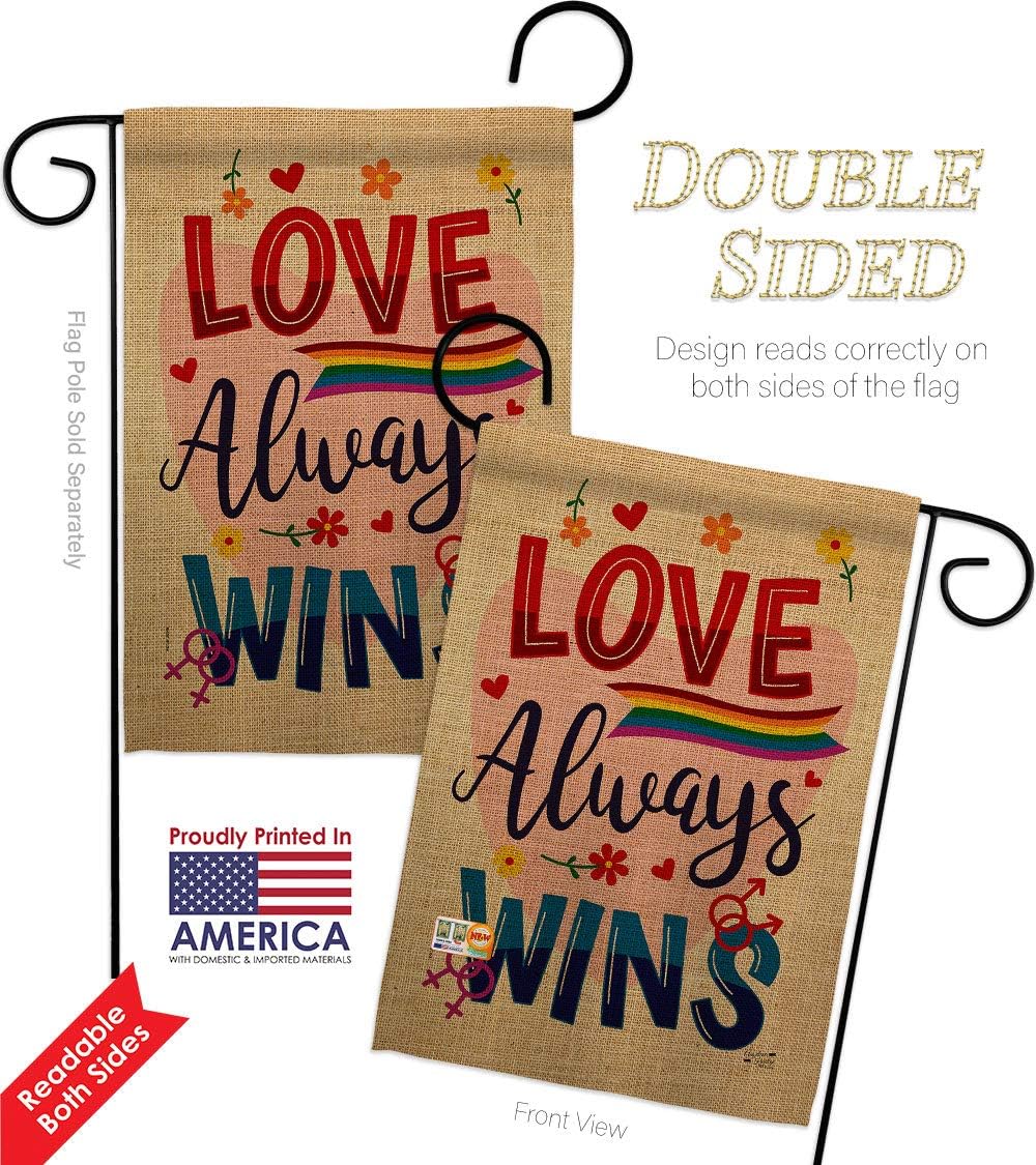 Love Always Wins Garden Flag Set Wall Hanger Support Pride Rainbow LGBT Gay Bisexual Pansexual Transgender Small Decorative Gift Yard House Banner Double-Sided Made In USA 13 X 18.5