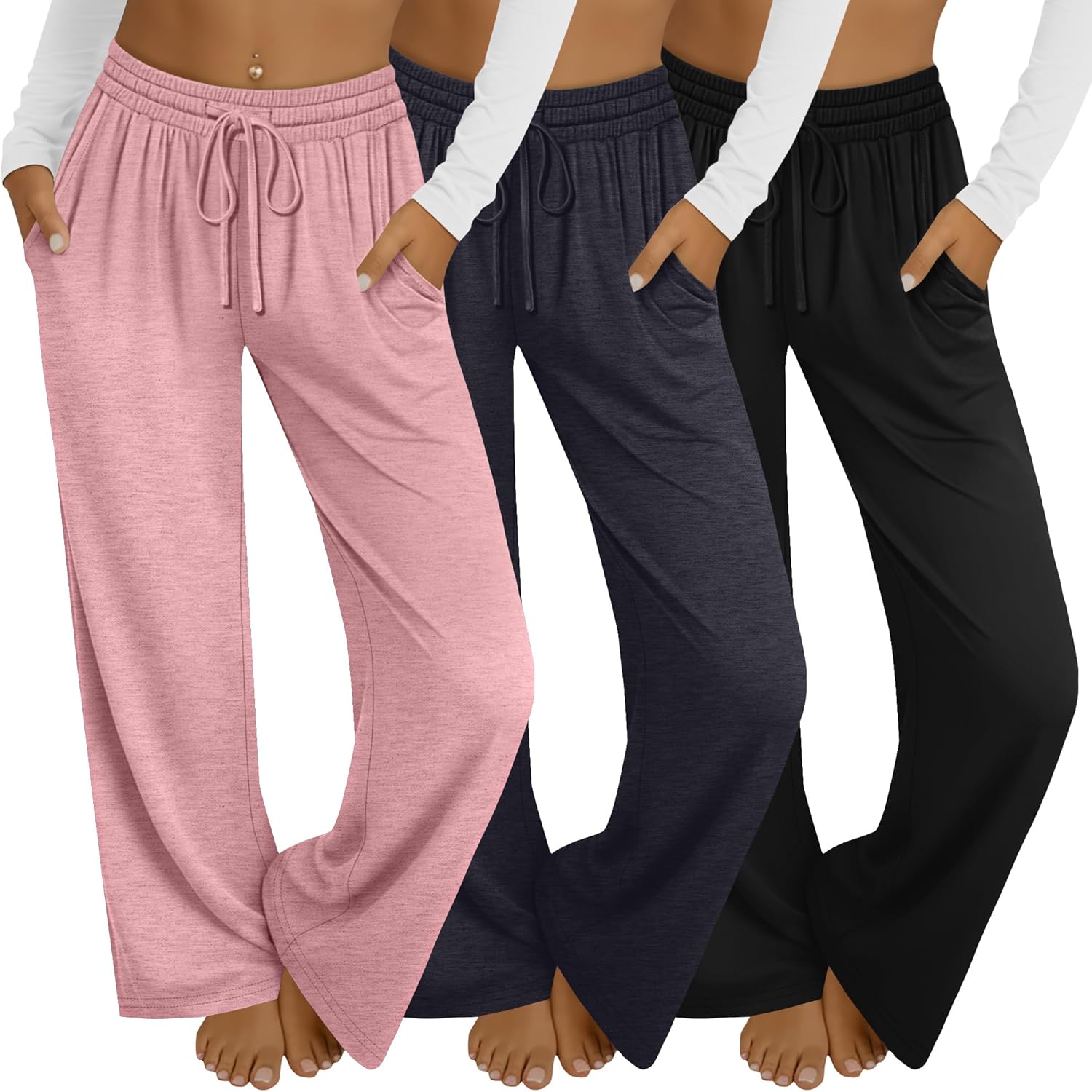 Velvelhall 3 Pack Women's Wide Leg Yoga Pants, Casual Drawstring Sweatpants Elastic Waist Loose Lounge Pants with Pockets