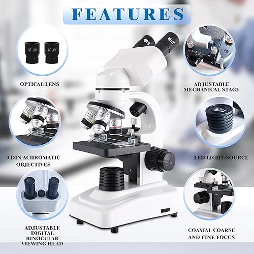 Miniatura 2 de Microscopio binocular para adultos, niños y estudiantes, microscopios 64X-6000X, 3 lentes objetivos, iluminación LED dual de cuerpo metálico, kit de