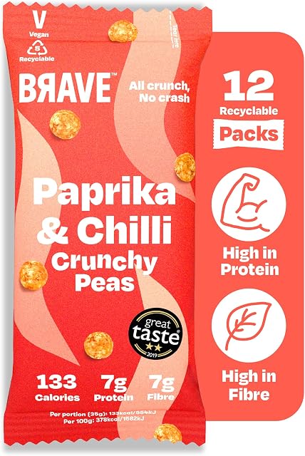BRAVE Crunchy Peas: Paprika & Chilli - Delicious Healthy Snacks - Vegan - High in Plant Protein & Fibre - Low Calorie - Plant-Based - No Sugar - Box of 12 Packs (35g Each)