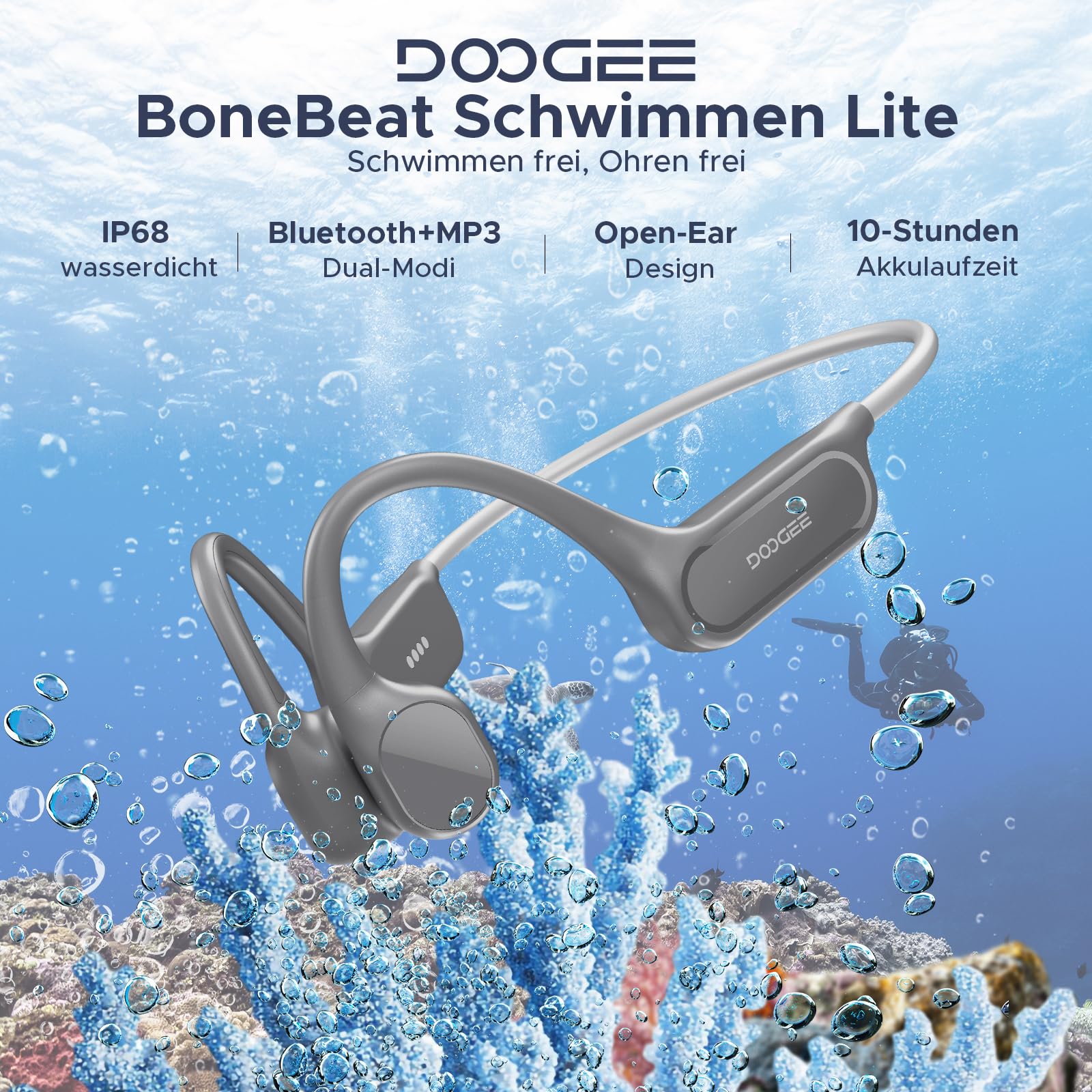 Knochenschall Kopfhörer, IP68 Kopfhörer Schwimmen, 10H Sport Lauf Drahtlos Bluetooth 5.4 Open-Ear Kopfhörer mit 32GB MP3 Doppelmodus für Radfahren, Unterwasserschwimmen, Fitness