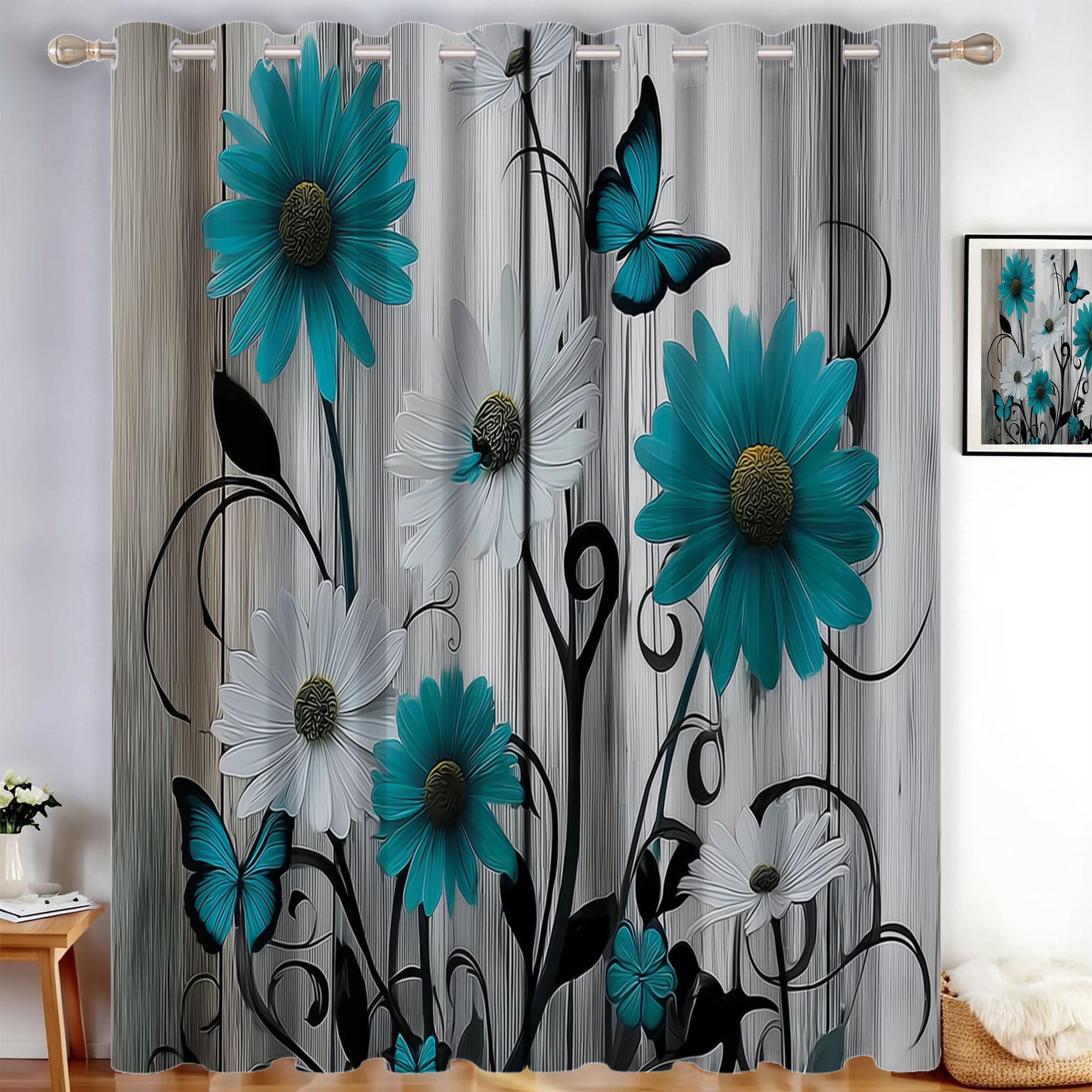 Cortinas Salon Opacas 2 Piezas Margarita Volutas Mariposa 140 x 175 cm, Turquesa Cortina Dormitorio Sala Anti Luz, Cortina Opaca Art Déco Vintage con Ojales, Suave Cortinas Opacas Termica