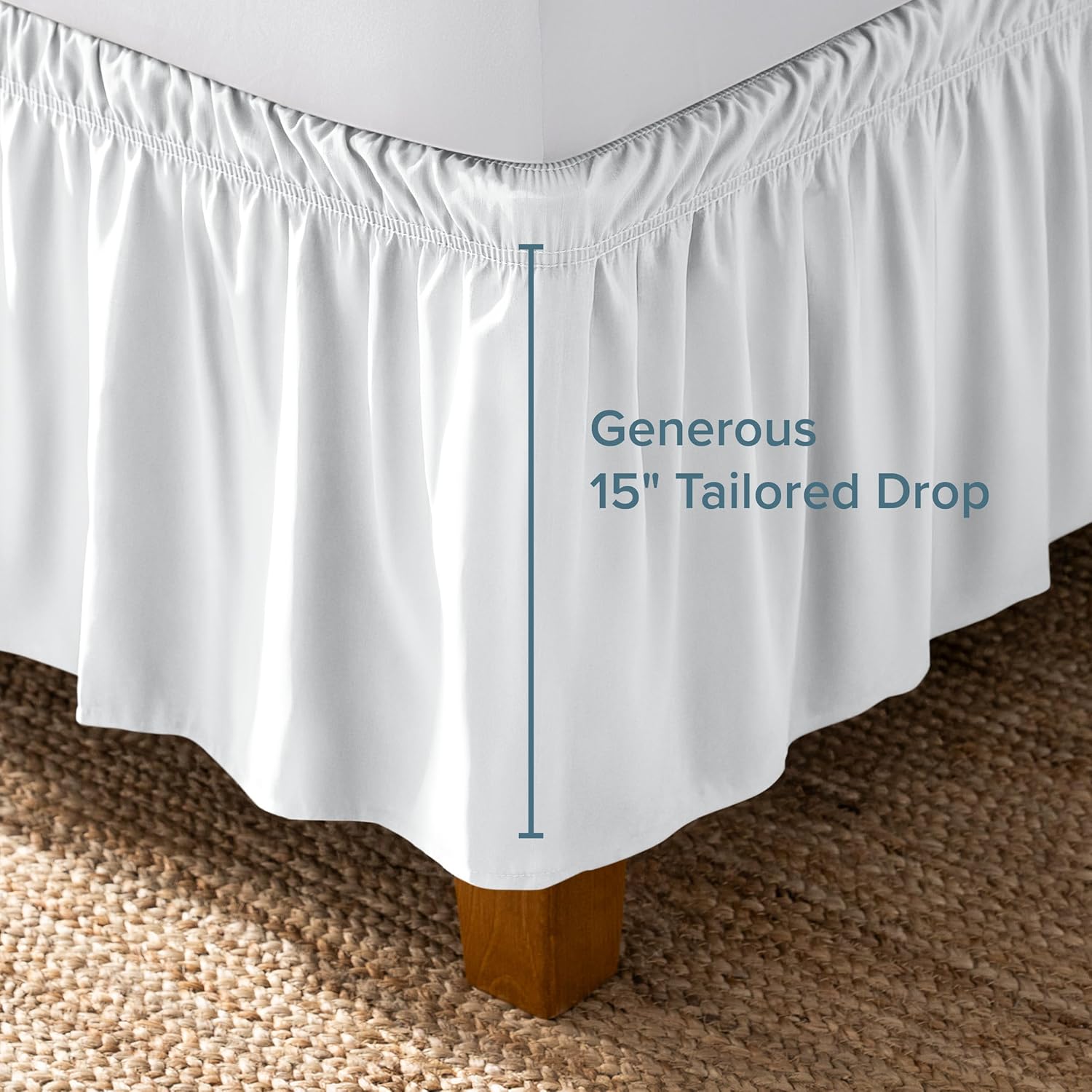 Bare Home Wrap Around Bed Skirt - for Queen Size Beds with 15 inch Tailored Drop - Easy Fit Elastic Strap - Adjustable and Ruffled Style - Wrinkle, Fade, and Stain Free (Queen, White)