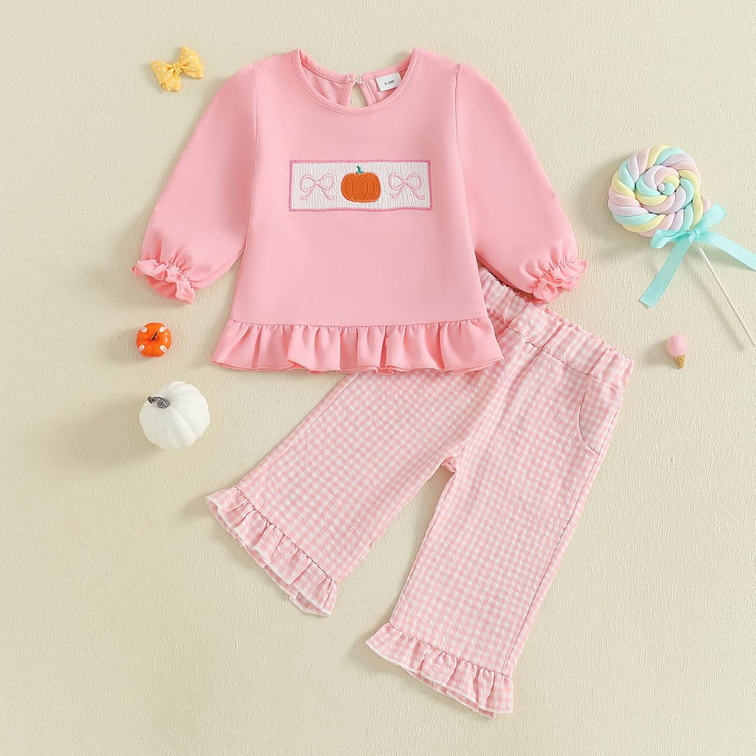 Toddler Baby Girl Halloween Outfit Smocked Pumpkin Long Sleeve Ruffle Sweatshirt Plaid Pants Set 2Pcs Fall Clothes - Image 3
