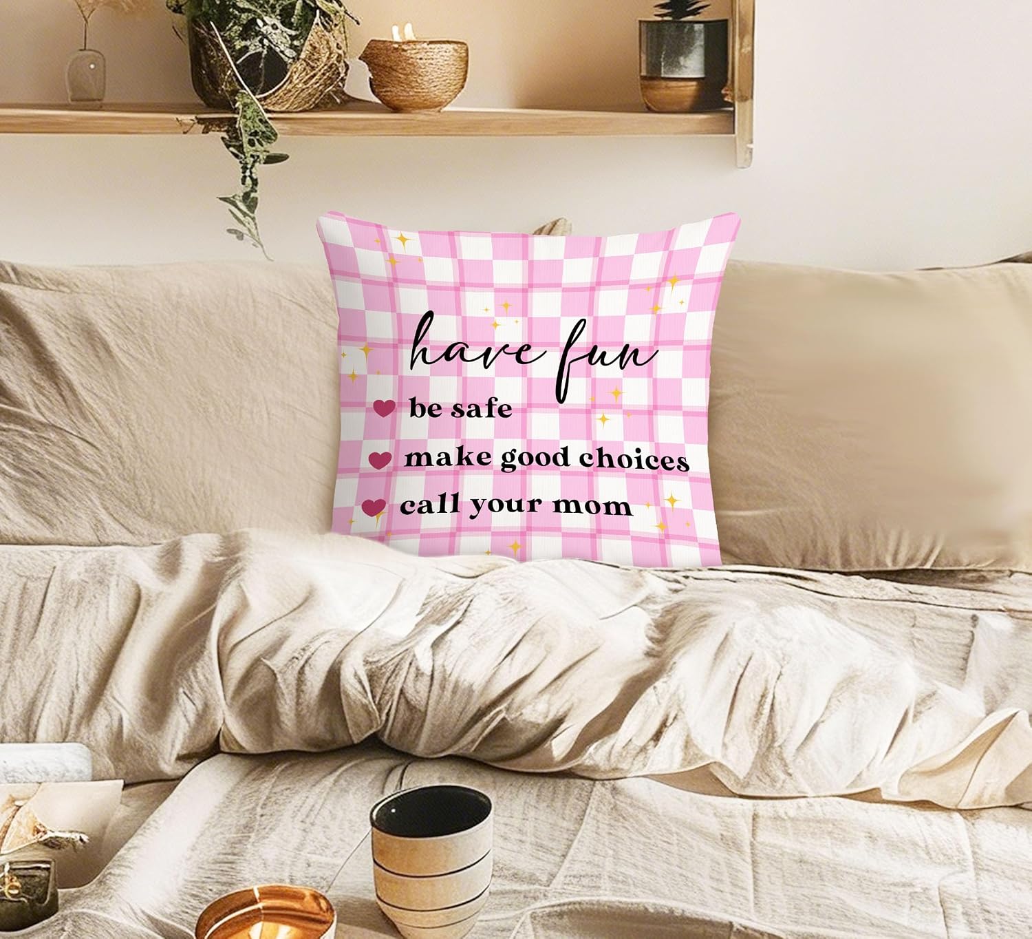 Voatok Funny Call Your Mom Pillow Cover 18x18, College Students Gifts, Preppy Pink Checkered Decorative Throw Pillow Cover Pillowcases Decorations for Girls College Dorm Sofa Bed Couch Decor image 4