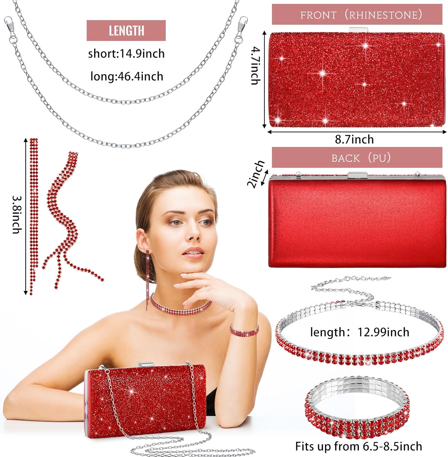 Condition photo showing Good Condition for Kigeli 4 Pieces Women Rhinestone Evening Clutch Bag Bling Earring Necklace Bracelet for Wedding Formal