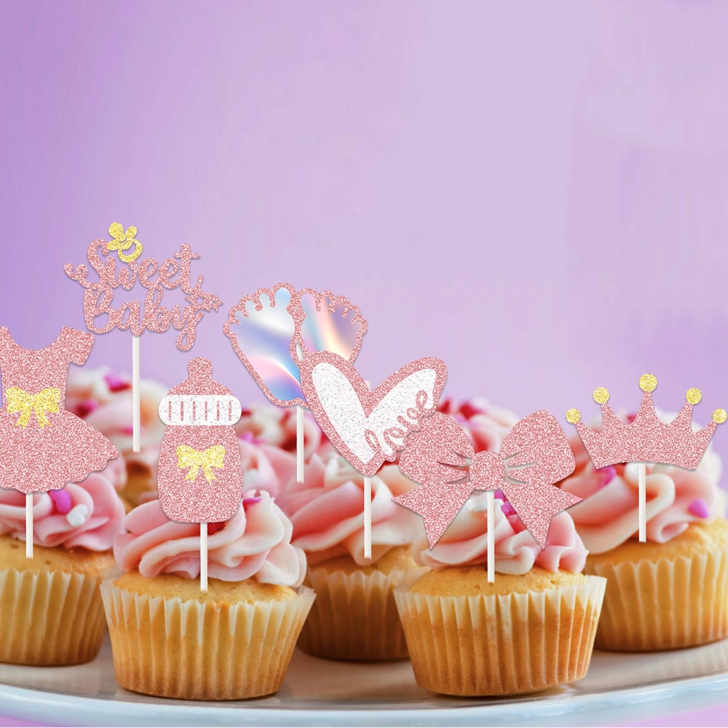 24Pcs It‘s A Girl Baby Shower Cupcake Toppers Rose Gold Glitter Baby Shower Cupcake Toppers Oh Baby Gender Reveal Party Decorations for Sweet Baby Pacifier Onesie Jumpsuit Theme Party Supplies - Image 8