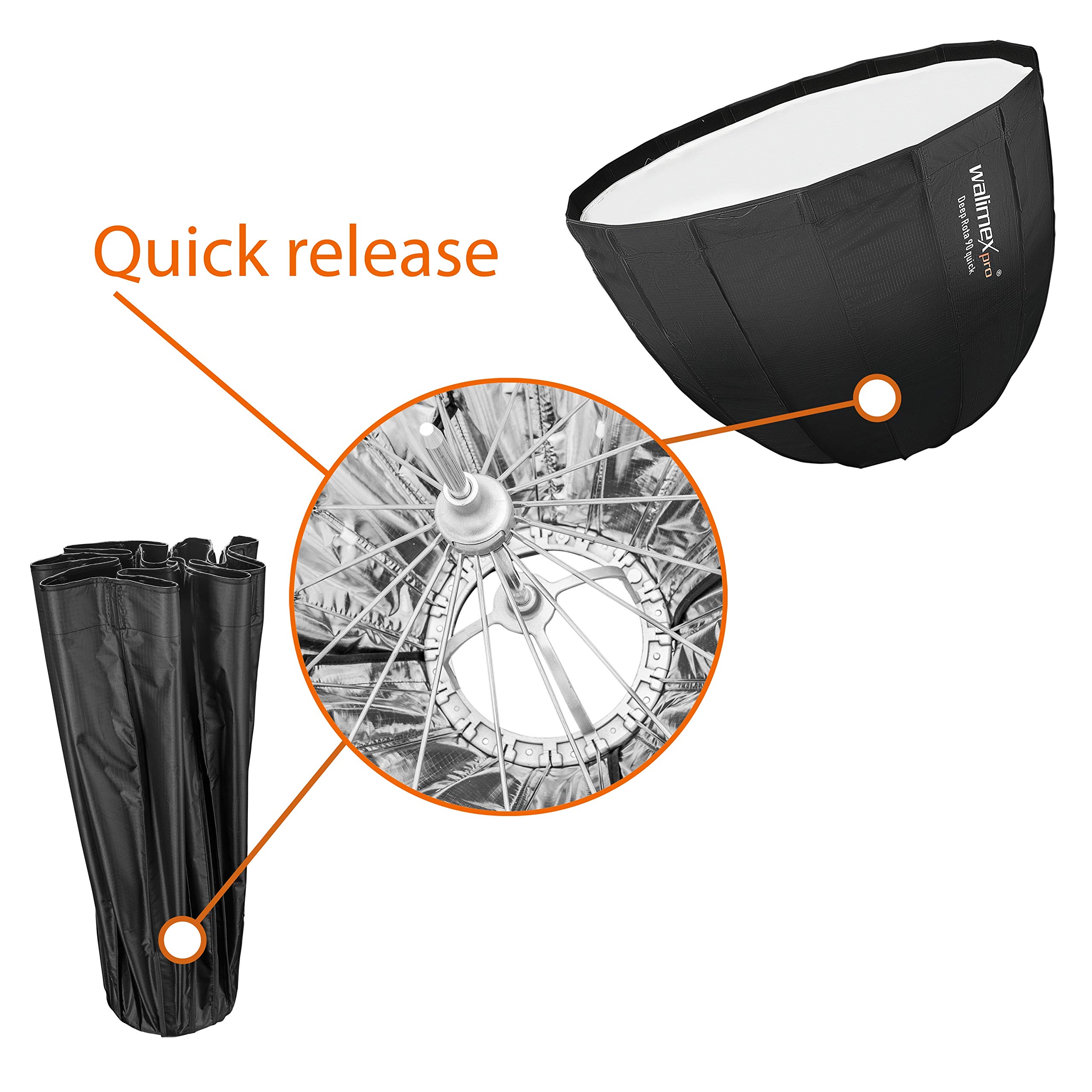 Walimex pro Studio Line Deep Rota Softbox QA90 – Octabox formownik światła, Ø 90 cm, głębokość 71 cm, składany, z kratką, dyfuzor wewnętrzny i zewnętrzny, speedring, do lampy błyskowej