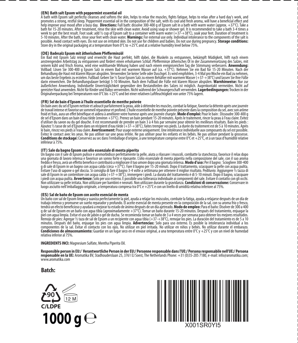 Sali di Epsom di Menta Piperita 3000g - Sali di Epsom con Olio Essenziale di Menta Piperita - Puro e Naturale al 100% - Solfato di Magnesio Concentrato - Lenitivo e allevia la fatica - Rilassamento