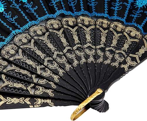 Miniatura 5 de Innolife Elegant Colorful Embroidered Flower Peacock Pattern Sequin Fabric Folding Handheld Hand Fan Hand-Crafted (Sky Blue)