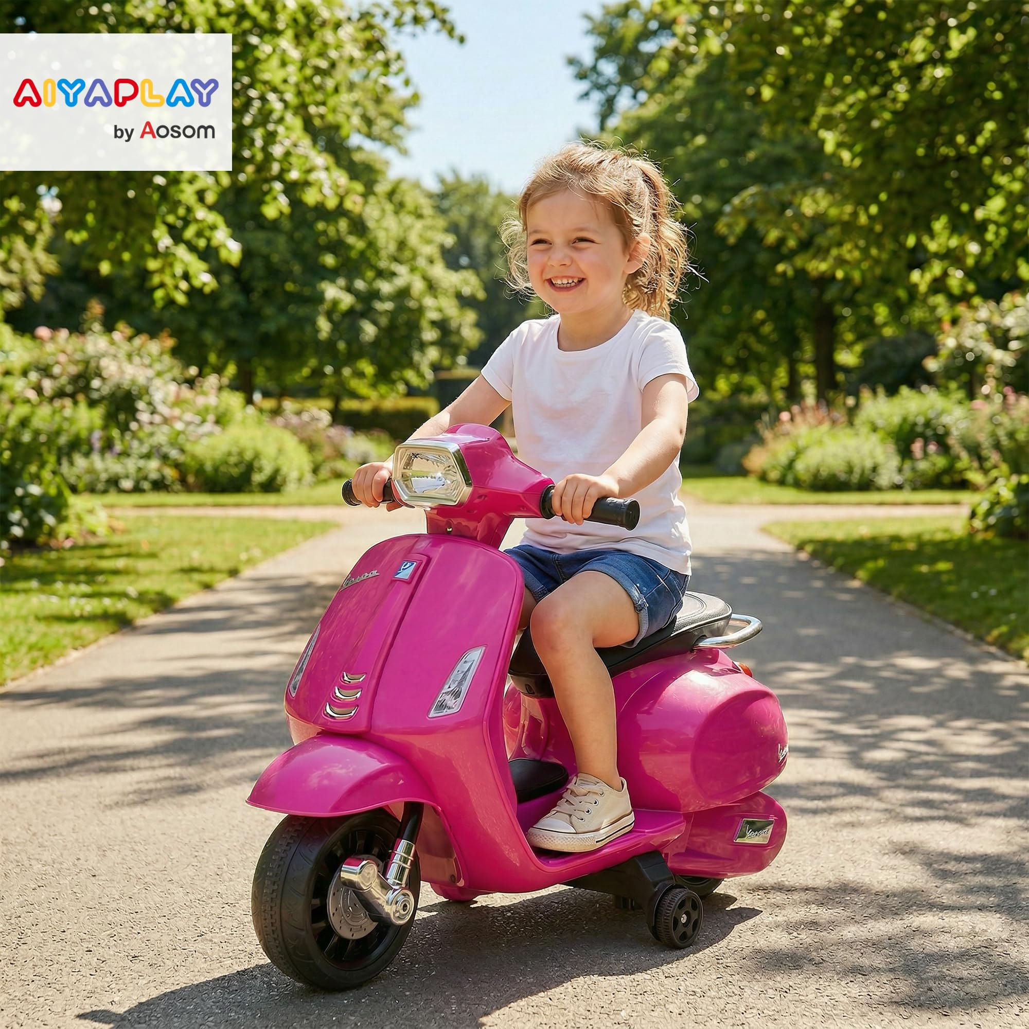 AIYAPLAY Moto Électrique Enfants 6 V, Voiture Électrique avec Roues d'apprentissage de 17,5 cm, Vitesse 2,5 km/h, Phare et Klaxon, pour 2-4 Ans, Rose - 2