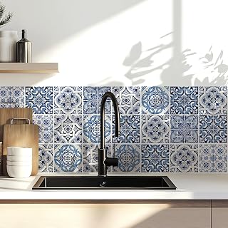 30 Pack Farmhouse Tile Stickers, 4x4 Inch Blue and White Peel and Stick Backsplash, Waterproof Boho Vinyl Decals for Kitchen & Laundry Room
