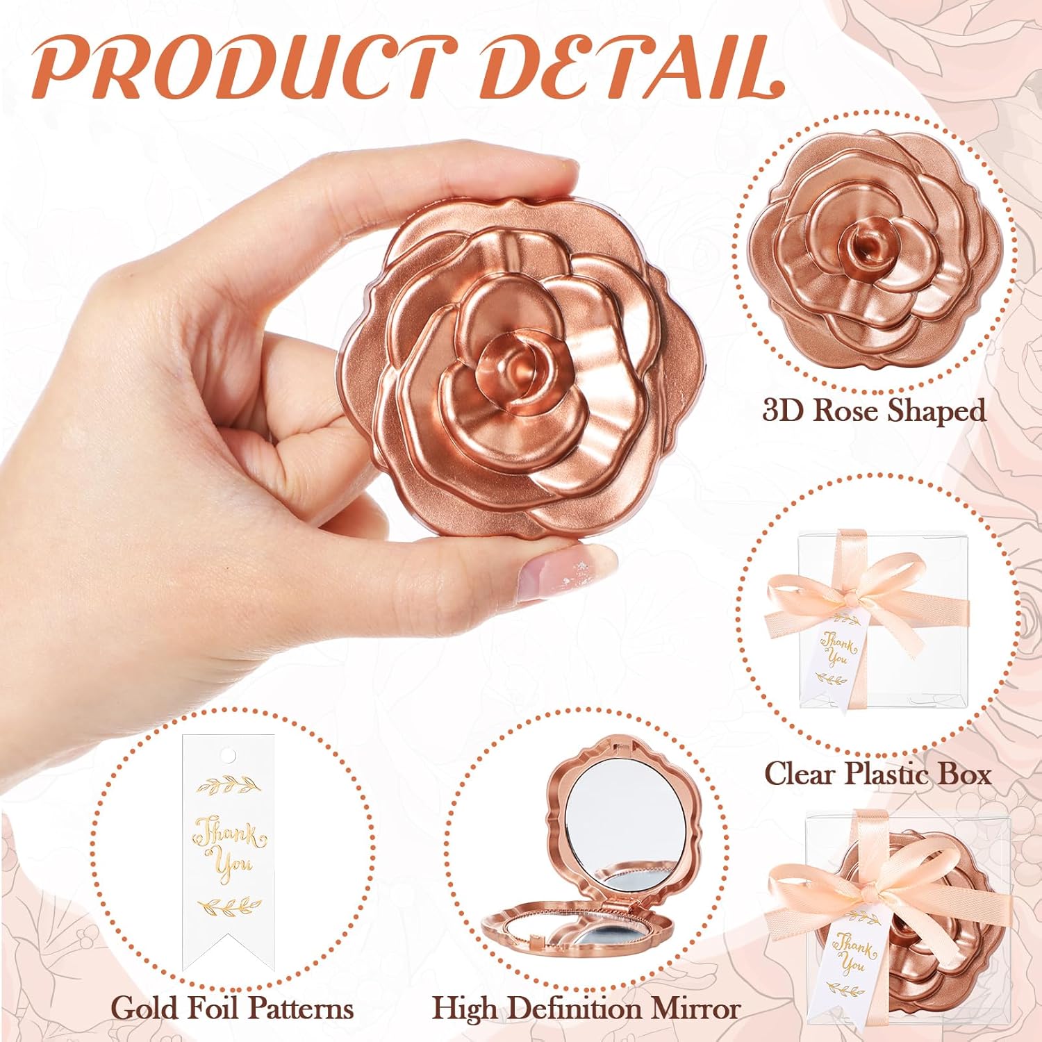 100 Set Rose Compact Mirrors Bulk Wedding Party Favors Including Rose Mirrors Thank You Tags Plastic Clear Boxes with Ribbons for Wedding Bridal Shower Party Guests Souvenir Gift