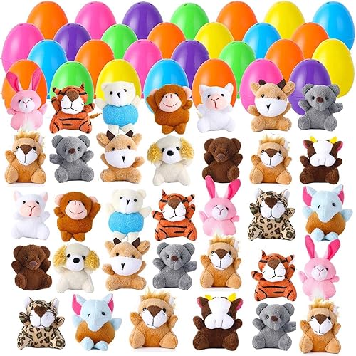 Paquete de 28 huevos de Pascua rellenos con mini animales de peluche para cestas de niños, caza de huevos de Pascua, recuerdo de fiesta de Pascua,