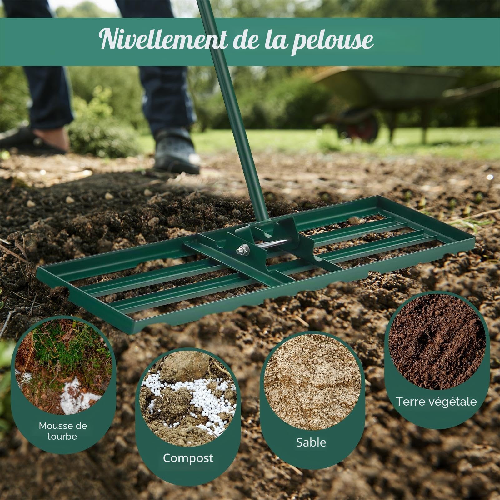 SOARS Râteau de Nivellement de Pelouse 91 X 25 CM, Râteau de Jardin avec Poignée Ergonomique Antidérapante de 170 CM, Fabriqué en Métal de Haute Qualité, pour Jardin, Cour, Terrain de Golf
