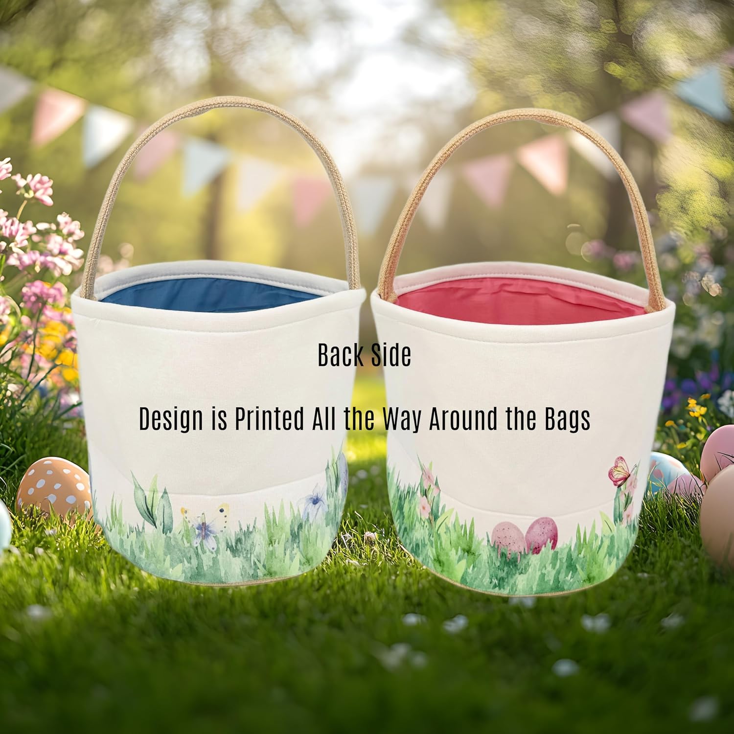 Easter Basket with Watercolor Rabbit Design, Large 9x9 Inch Burlap and Cotton Fabric, Pink or Blue Lined Interior for Easter Egg Hunts and Spring Decor (Blue)