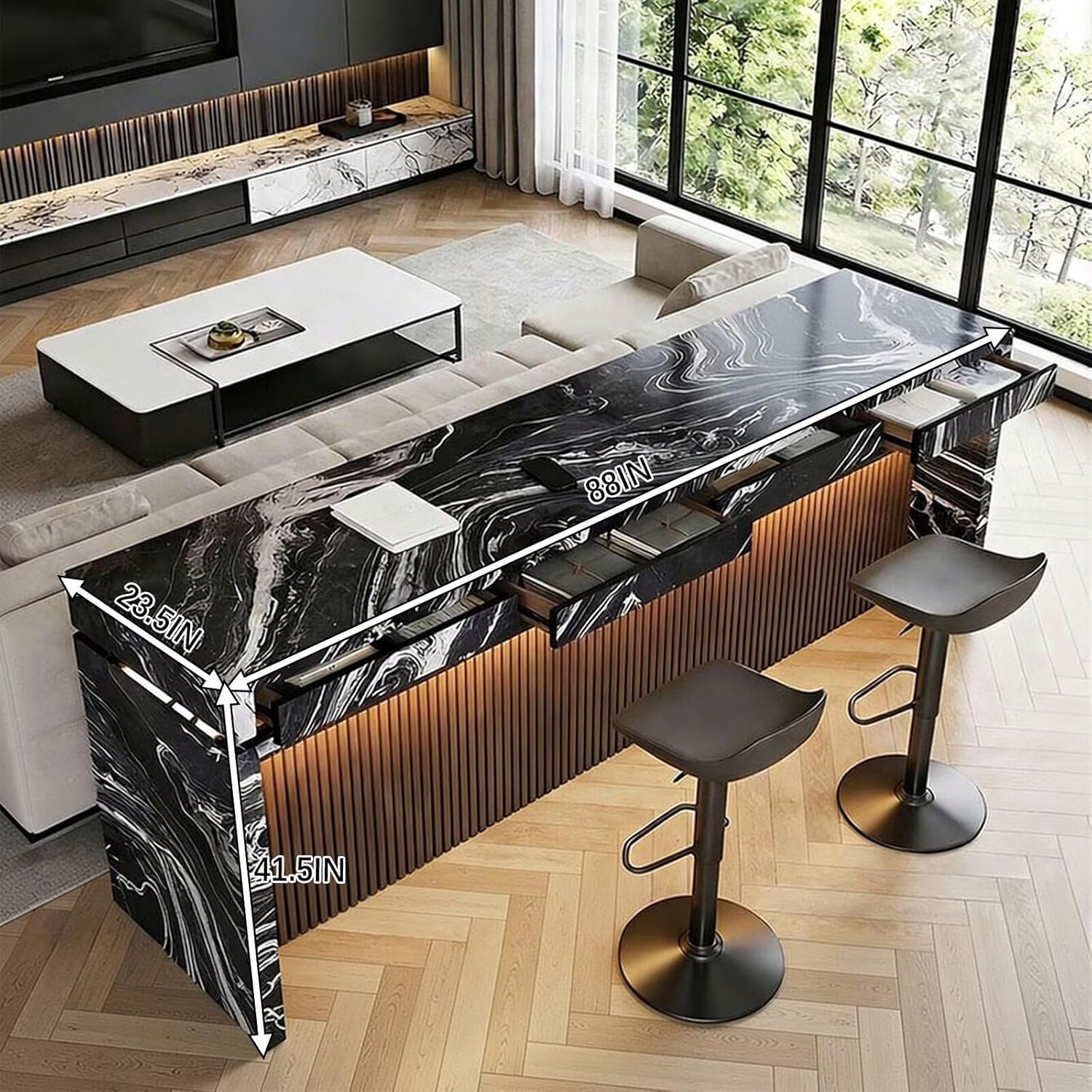 Bar Table - High Top Bar Table with Marble Top, Black Living Room Tall Island Counter Includes LED Lighting and Storage Drawers for Living Room (88IN No Chairs)
