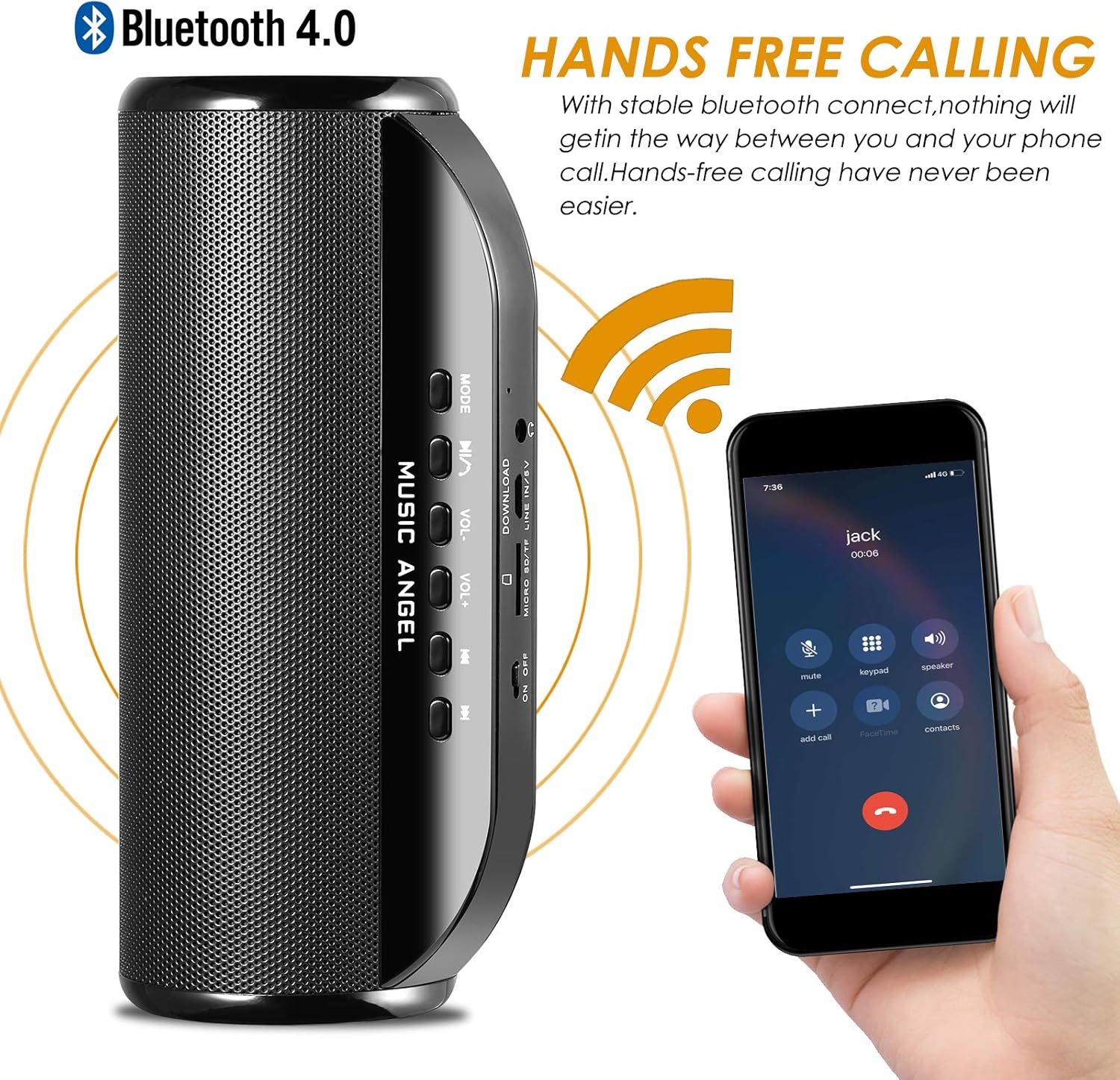 Review Product Music Angel Bluetooth Speaker, Wireless Portable Stereo Speakers with Enhanced Bass Resonator Bluetooth 4.0, Built-in Mic, 1800mAh Rechargeable Battery for 12 Hours Playtime
