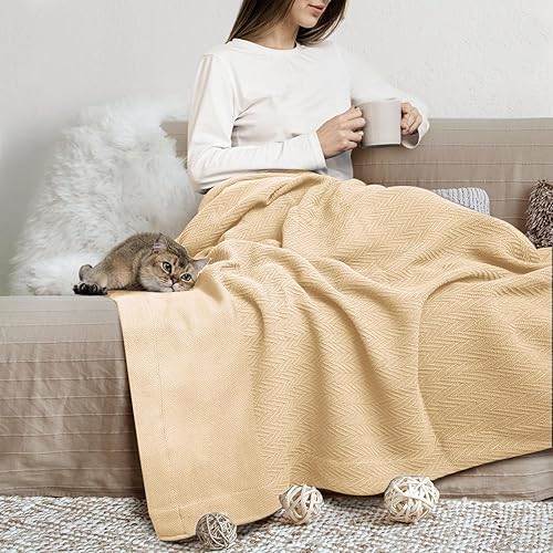 THREAD SPREAD Manta tejida a mano con patrón geométrico de espiga 100 % algodón de fibra extralarga, suave y acogedora, térmica para todas las