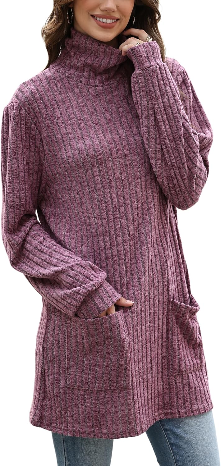 Long Sleeve Fall Sweater Shirts for Women Turtleneck Dressy Casual Tunic Tops with Pockets Plain Sweatershirts - Image 4