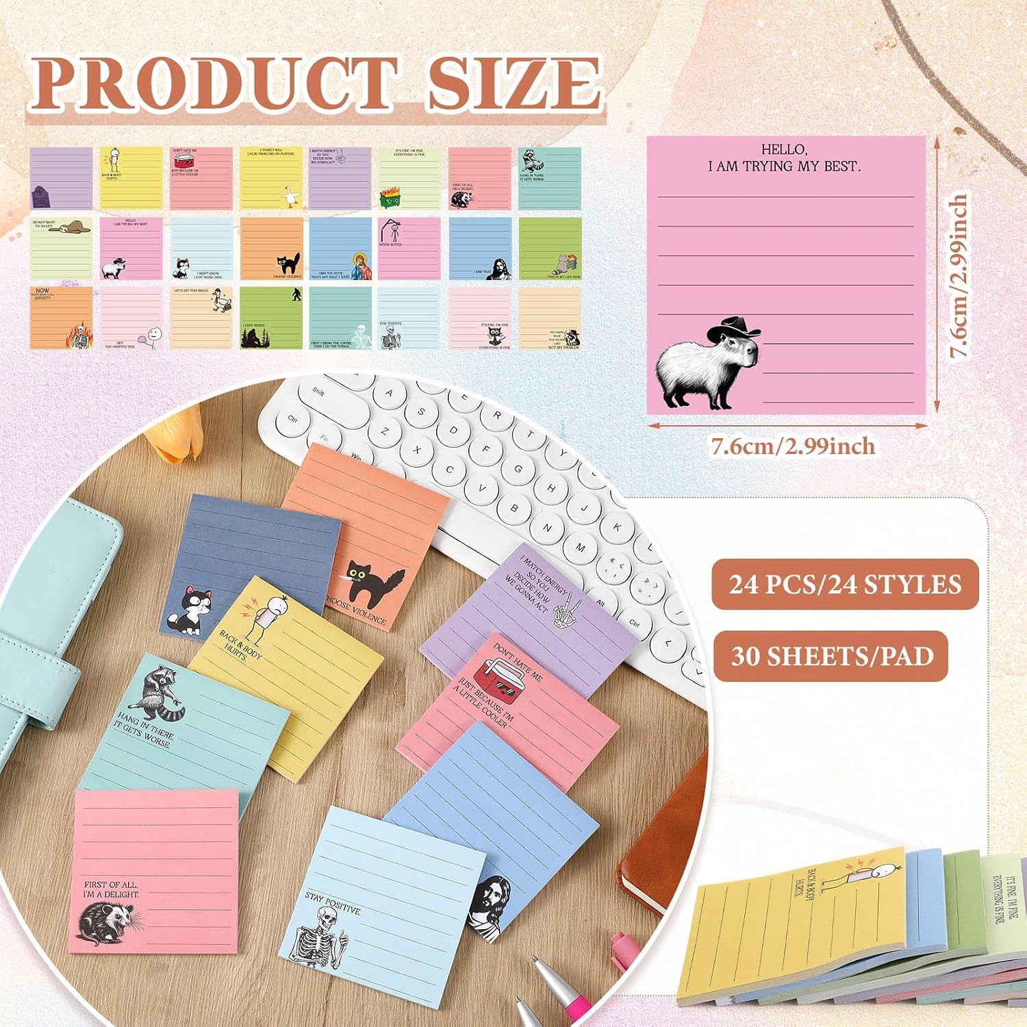 24 Pcs Funny Sticky Notes for Work, Funny, Candy Colors image 2