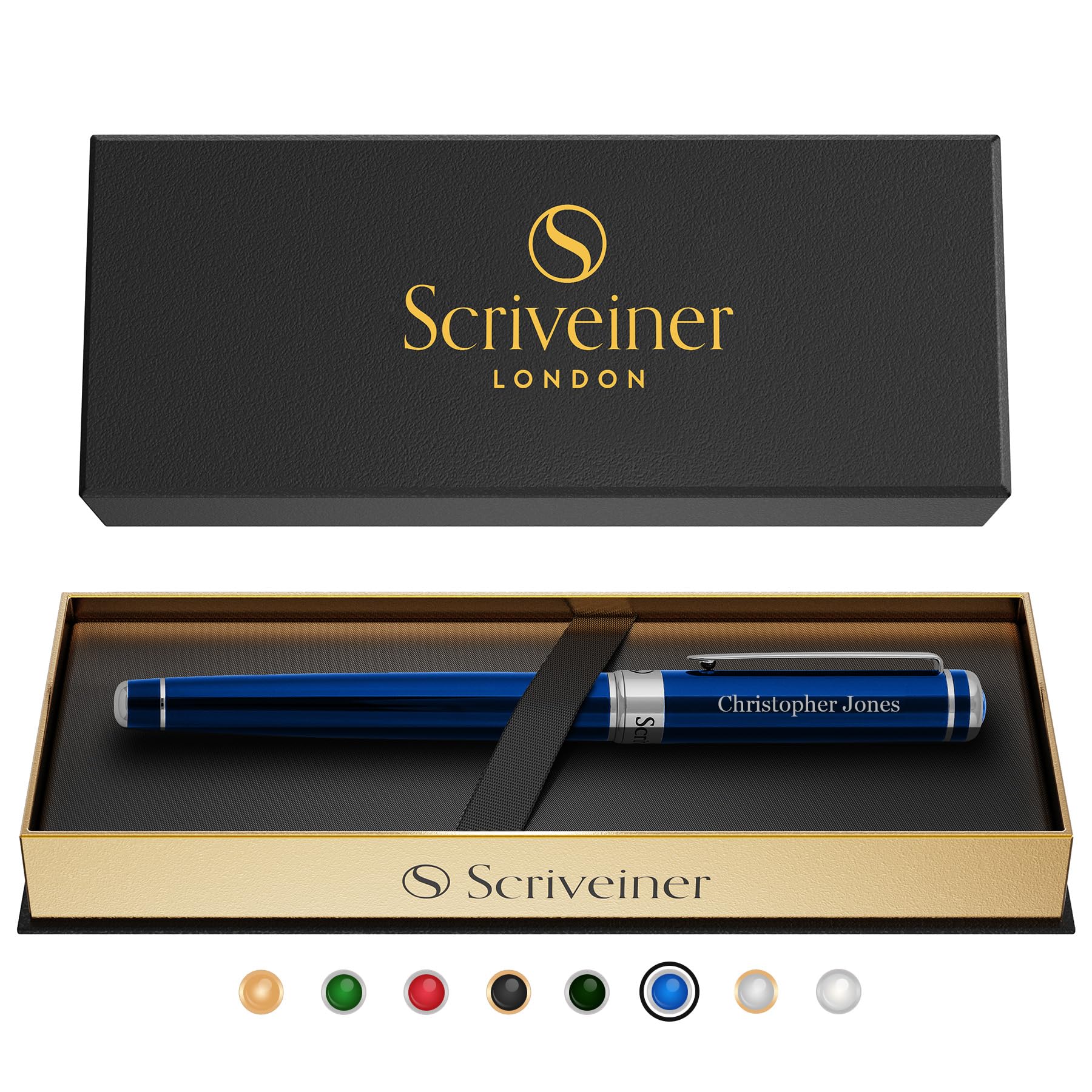 Scriveiner Personalized Midnight Blue Rollerball Pen - Stunning Blue Lacquer Luxury Pen, Chrome Finish, Schmidt Ink Refill, Best Engraved Roller Ball Gift Set for Men & Women, Custom Name Engraving