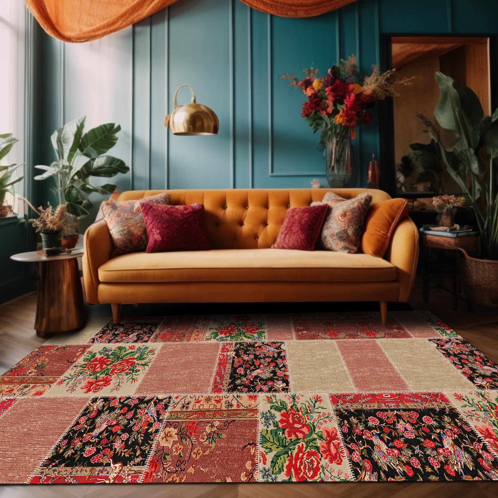 bamyum Afra Bedruckter Teppich Chenille-Druck Maschinell Hergestellt 160 x 230 cm, Wohnzimmer Vintage Schlafzimmer, Antibakteriell Antirutschunterlage Küchenteppich Patchwork