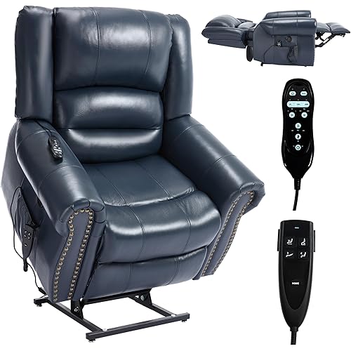 Dual Motor Power Lift Chair, Lay Flat Recliner Chair, Electric Recliner with Massage and Heat for Elderly, Remote Control, Infinite Position, Standing Assistance, USB Ports (Blue, Genuine Leather)