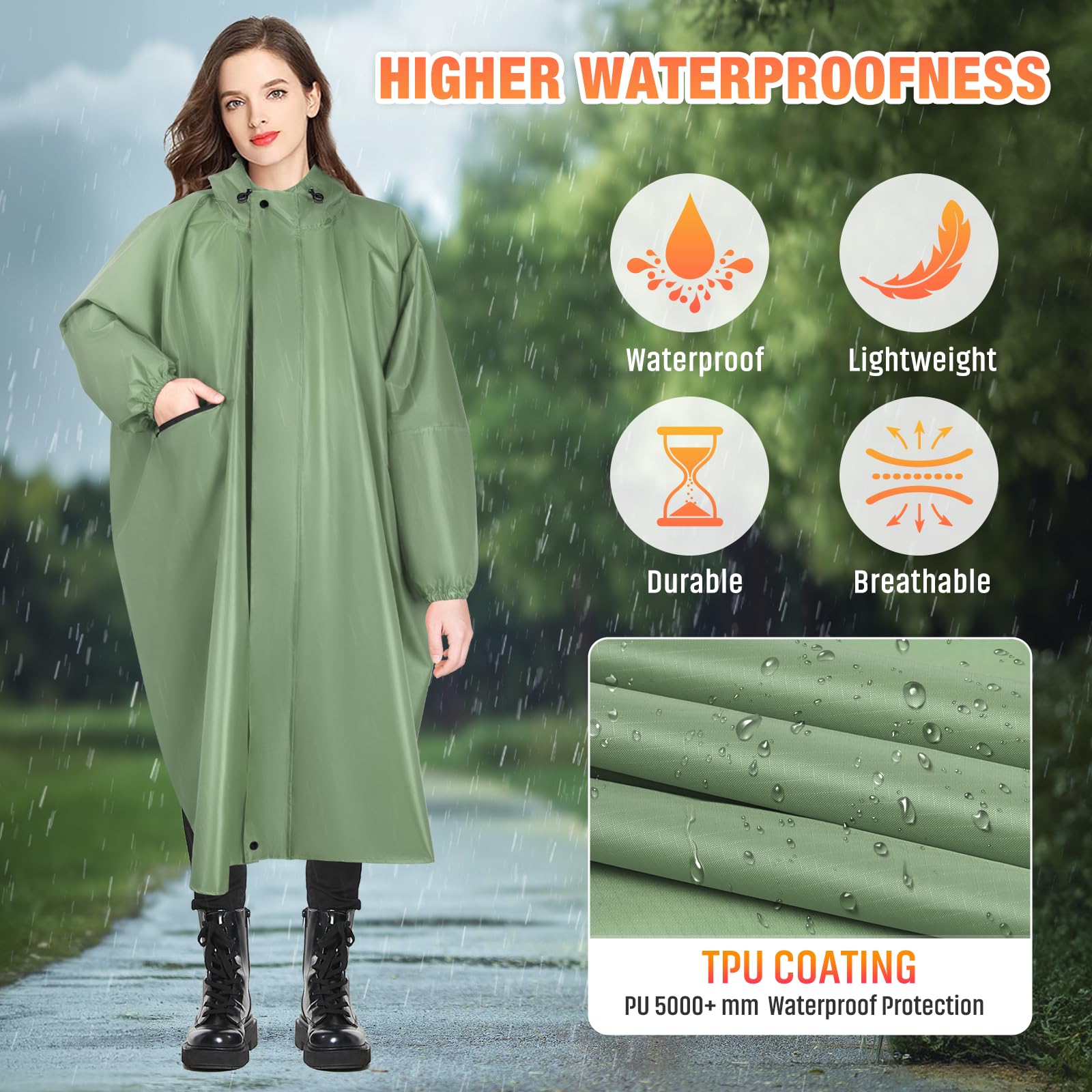 LUROON Leichter Wasserdichter Regenponcho Regenjacke Damen Herren mit Kapuze Faltbare Regencape Fahrrad mit Taschen Reflexstreifen, Wiederverwendbar Regenmantel für Wandern Angeln Radfahren Reisen