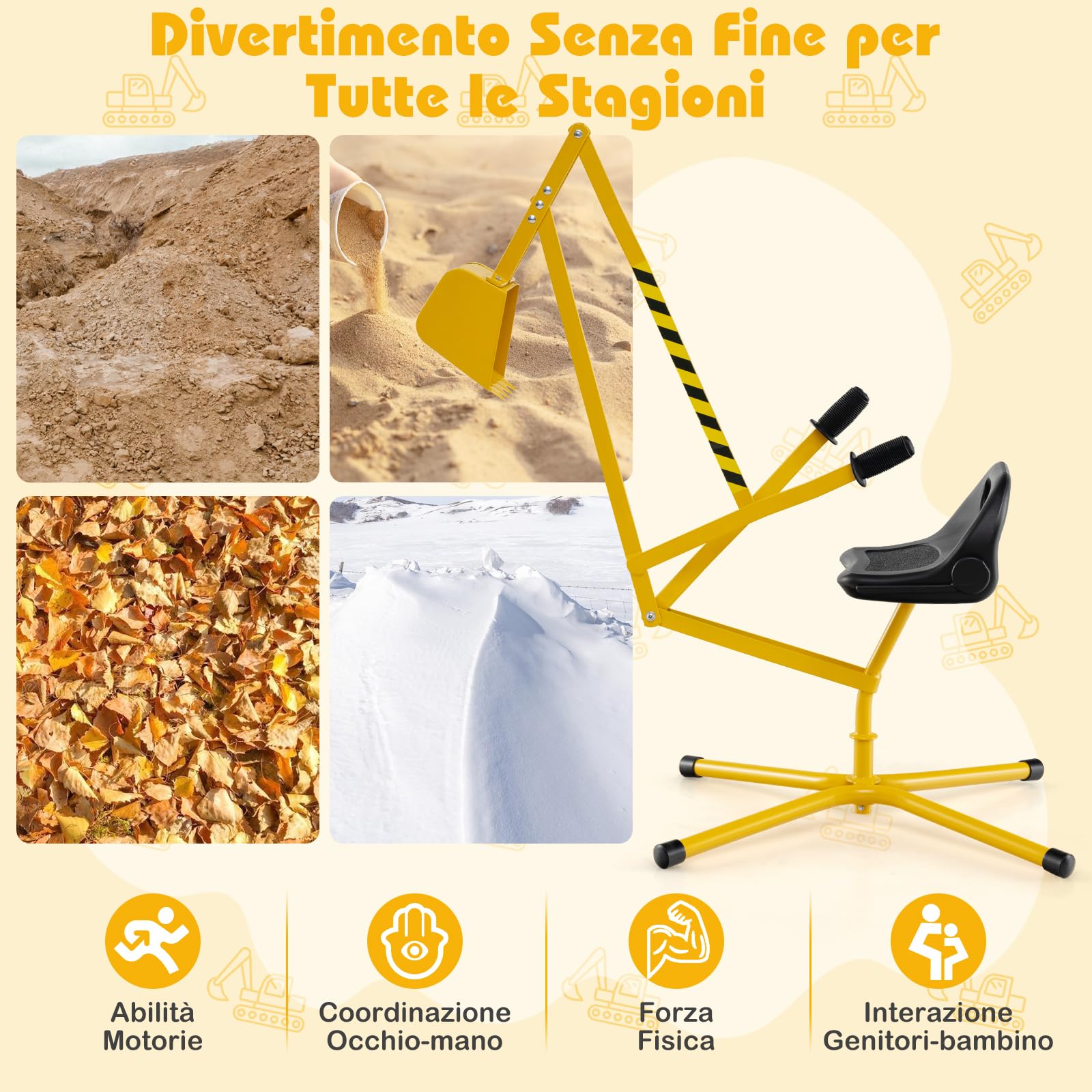 RELAX4LIFE Ruspa Escavatore Cavalcabile per Sabbiera con Sedile Girevole a 360°, Pala Flessibile, Schienale Ergonomico, 3 Anni+