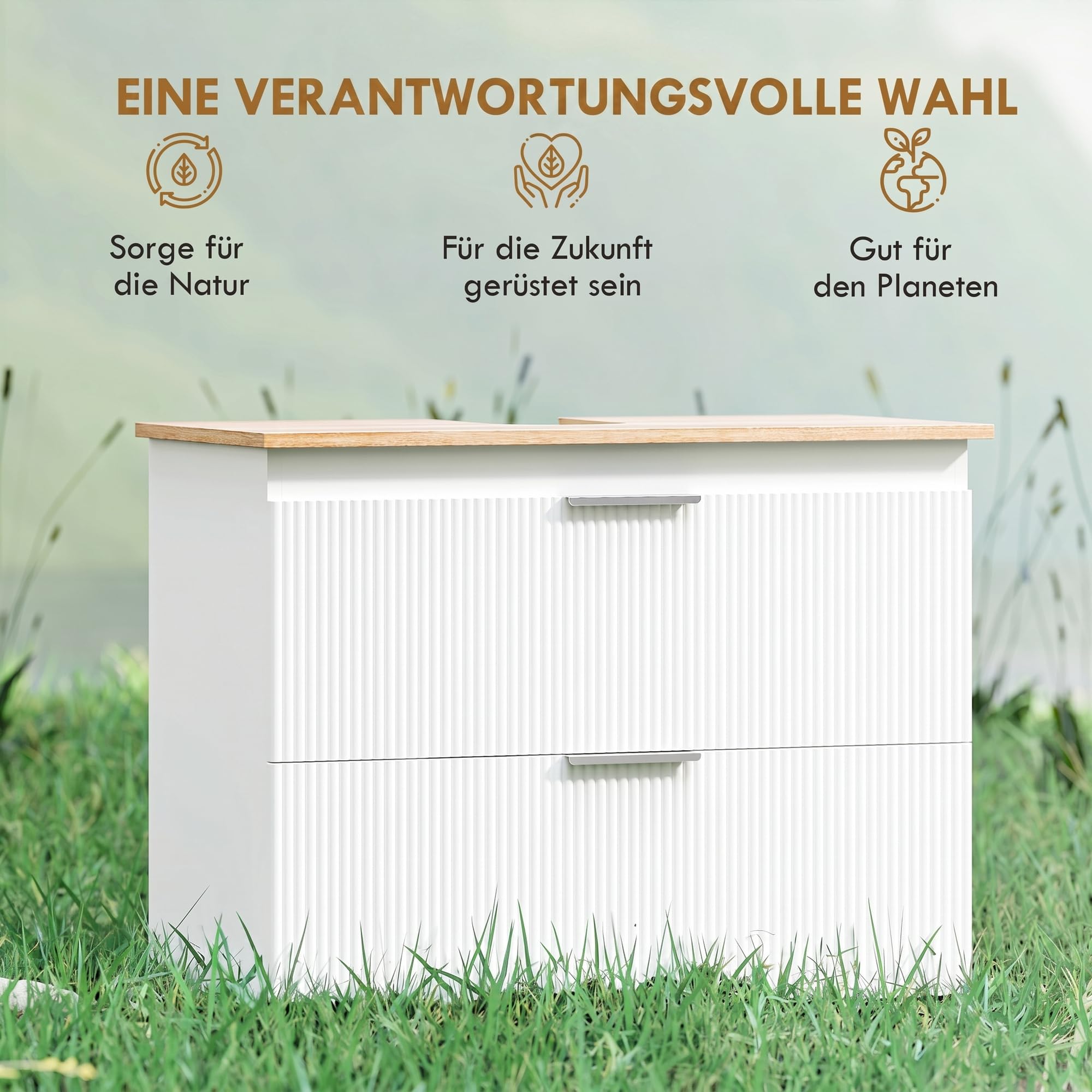 HOMCOM Waschbeckenunterschrank Zwei Schubladen 80x40x60cm Weiß+Natur