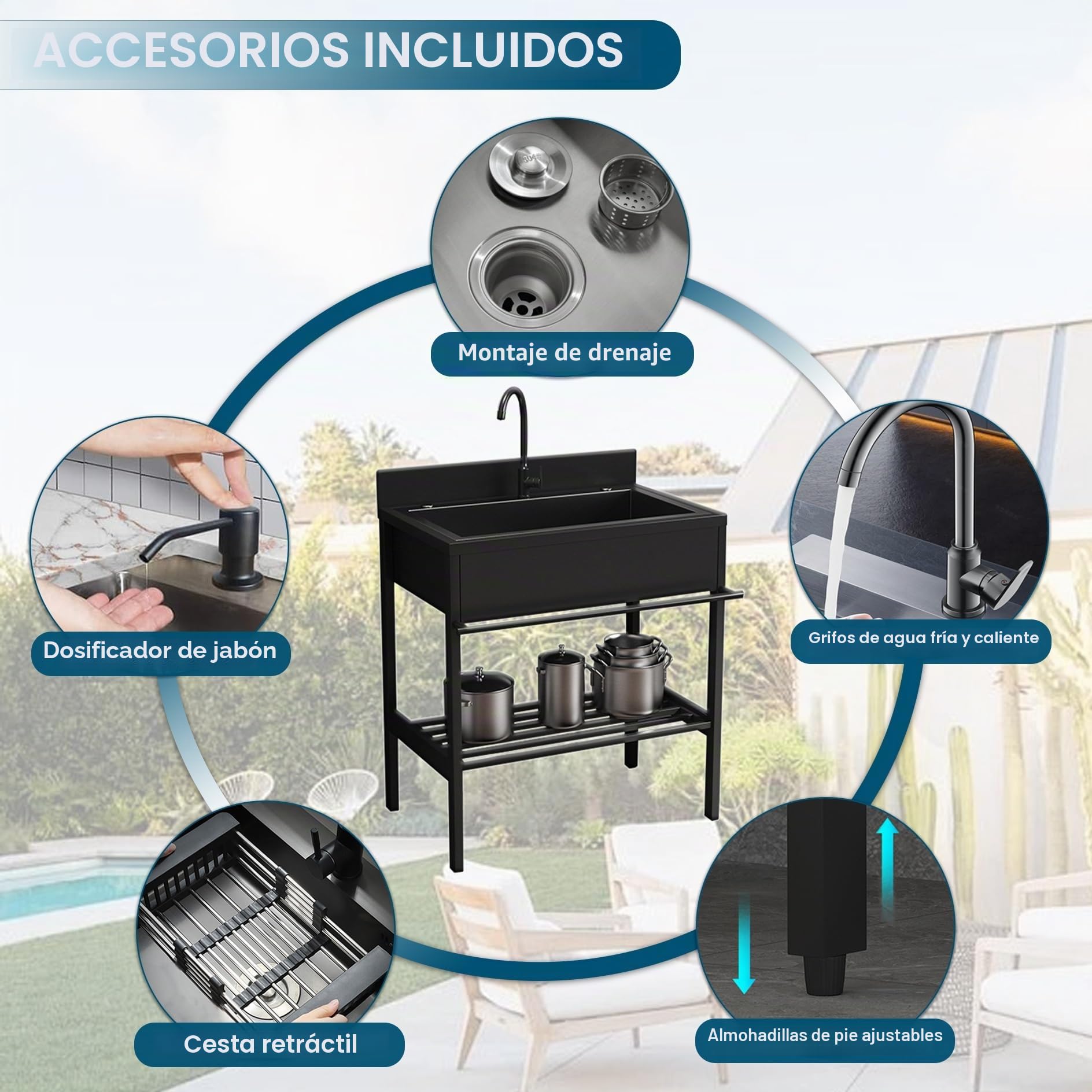 Mueble Fregadero Exterior Jardin,Fregadero de Cocina de Acero Inoxidable,Fregaderos Camping Portátil 1 Seno con Filtro de Drenaje,Lavadero pila Exterior,para Restaurante Comercial Bar Garaje(66x51x94c