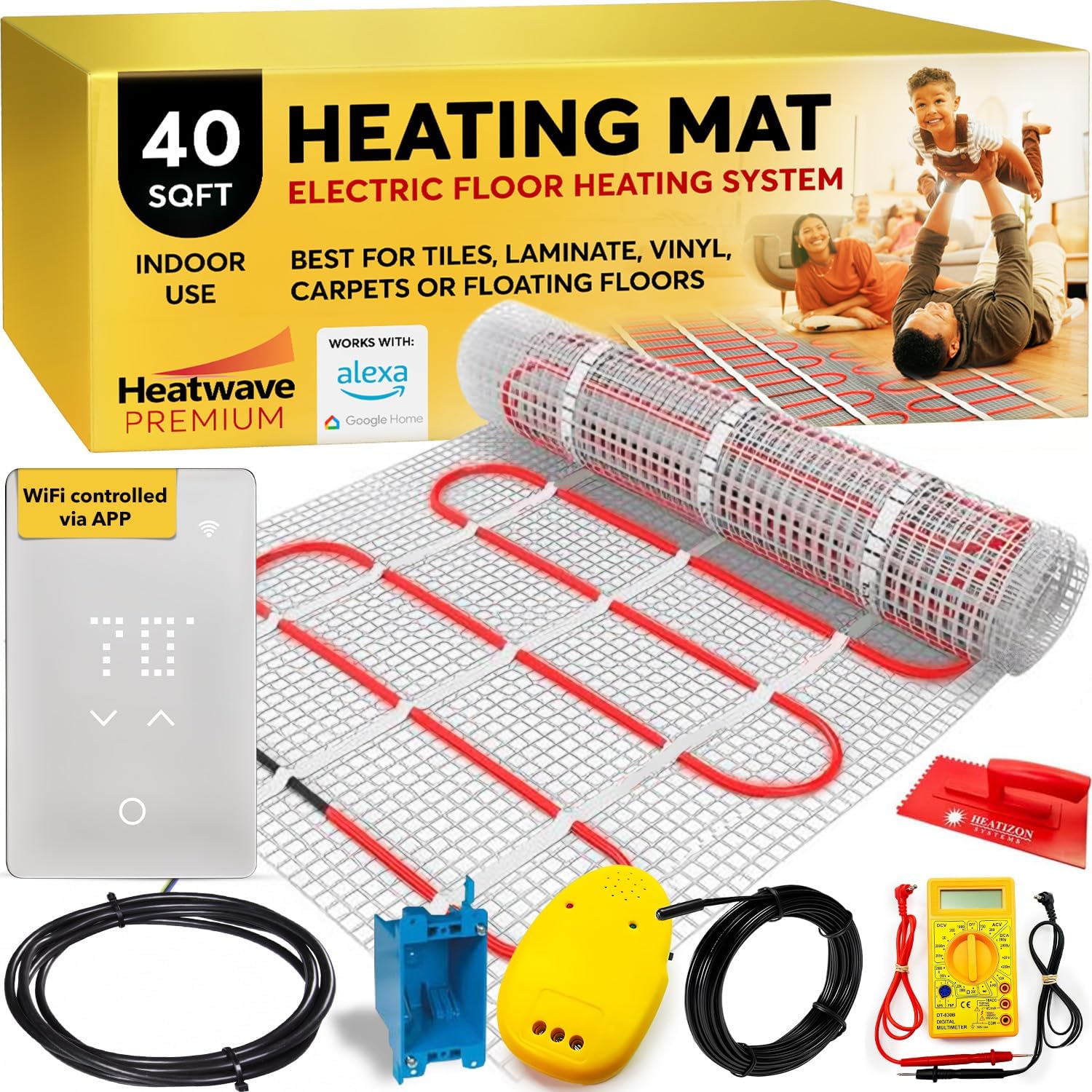 Premium Heated Floor System – 40 Sqft, 4 Amps, 480 Watts, 120V Underfloor Electric Heating System, Heated Floor Mat, Radiant Heaters with WiFi LED App Thermostat, Alarm, Multi-Meter & Accessories