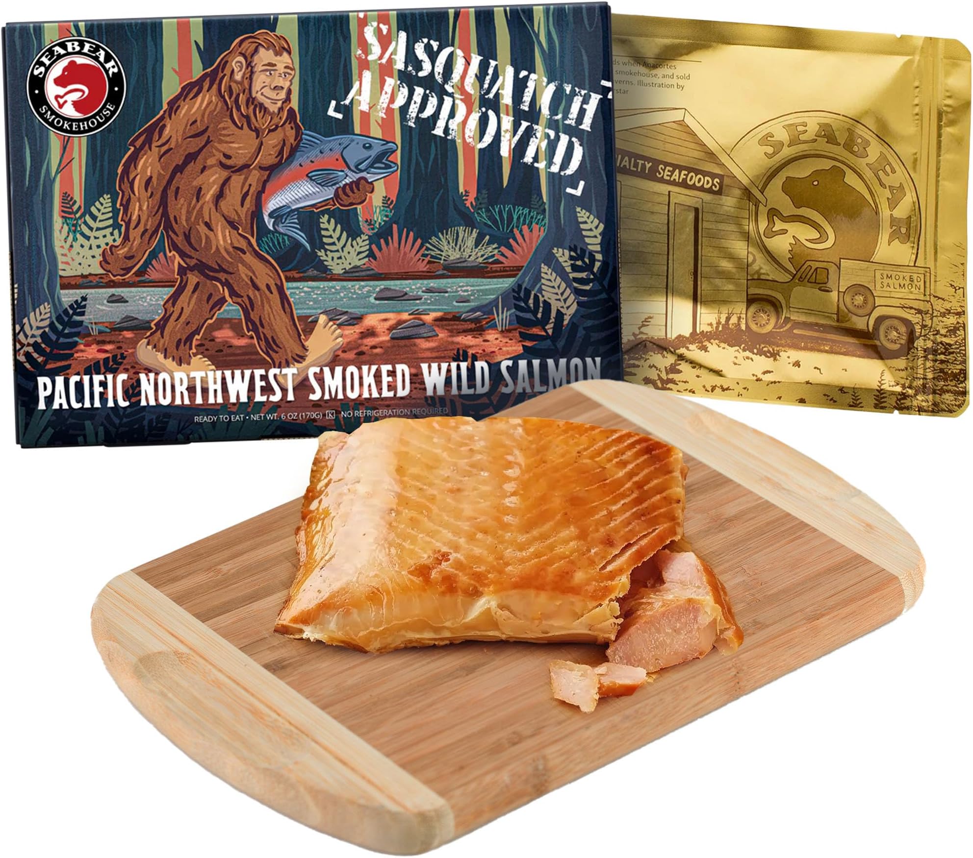 SeaBear Sasquatch Approved Smoked Wild Pink Salmon Gift Box - Wild Caught, Shelf Stable, Ready to Eat, 6 oz Smoked Salmon Fillet from Alaska