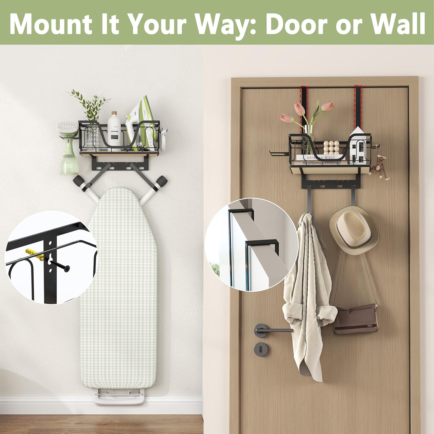 Ironing Board Hanger, CUFURNIX 2-in-1 Wall-Mount & Over-Door with Large Basket & Side Hooks, Black, Fits T&Y Shaped Legs, Space Saving Iron Holder for Laundry, Sewing Room Decor and Accessories