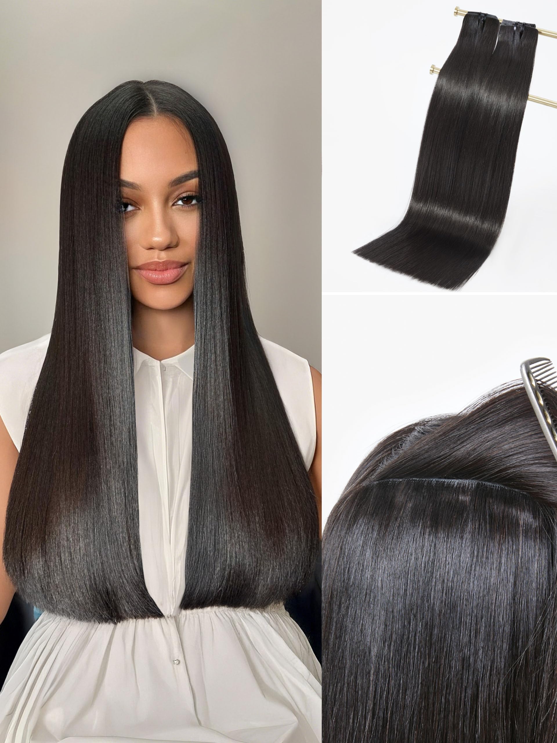 LUVME Invisible Clip in Hair Extensions,16 Inch 2 Pack 220g 12pcs Silky Straight Invisible Clip ins Hair Extensions Human Hair Natural Black Hair for Women