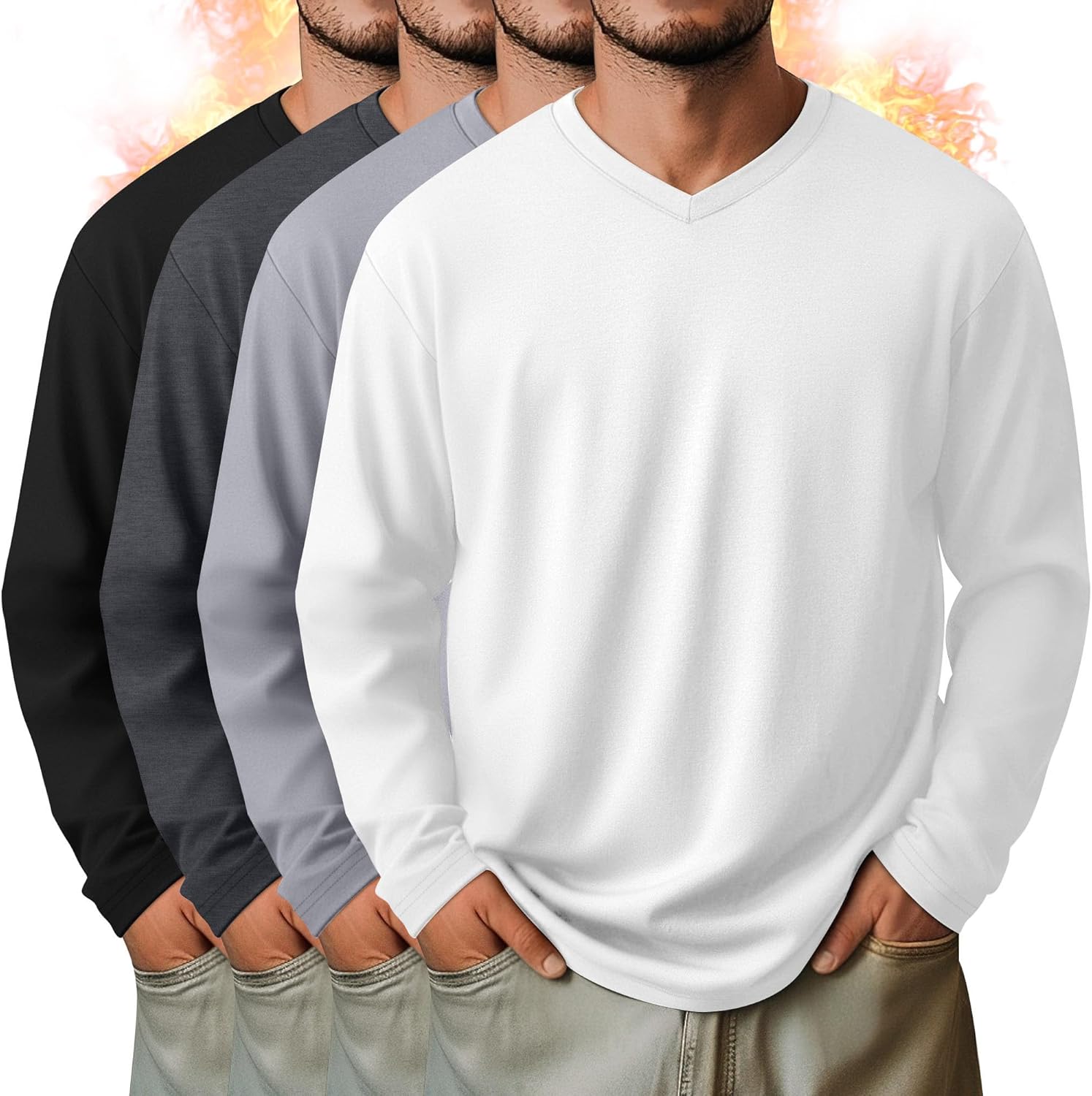 4 Pack Men's Thermal V Neck Shirts Fleece Lined Long Sleeve Sweatshirts Loose Fit Casual Winter Underwear Tops