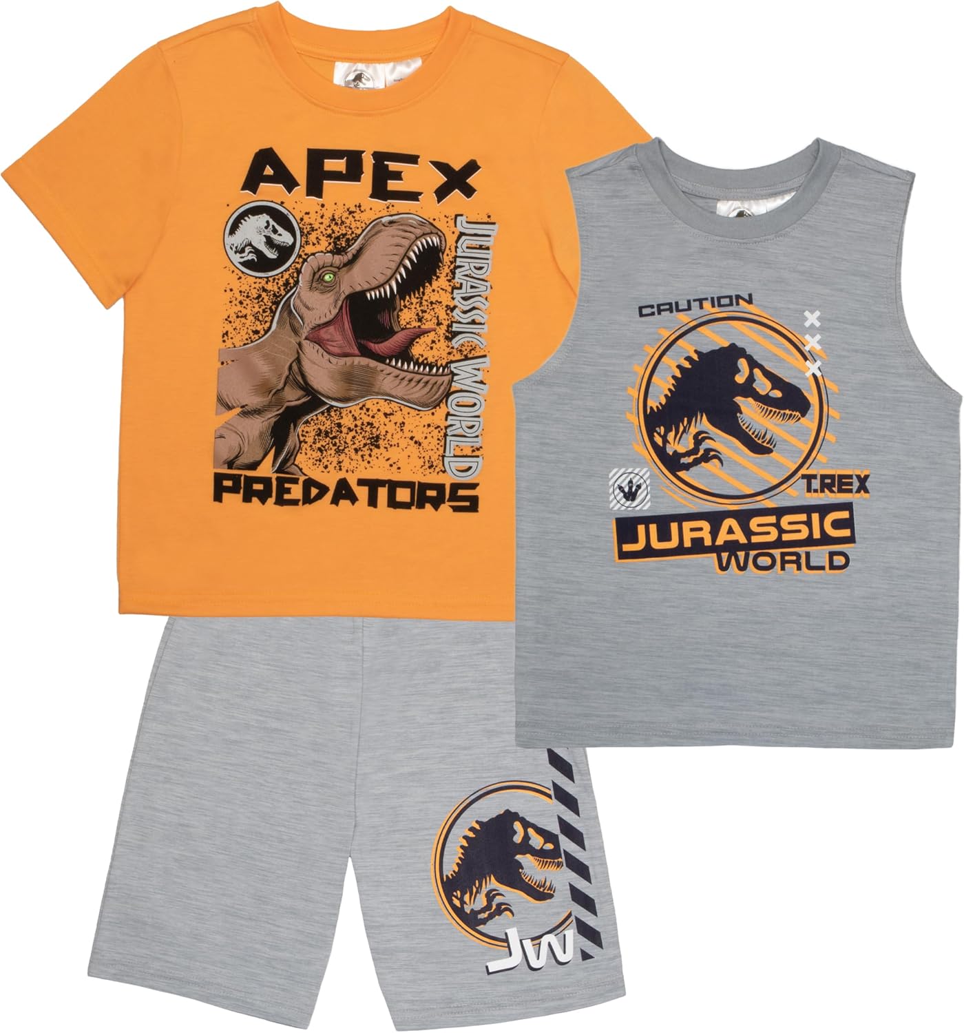 Jurassic World Universal Studios Boys T-Rex Dinosaur Logo Short Sleeve T-Shirt, Tank Top and Mesh 3-Piece Shorts Set Jurassic World Universal Studios Boys T-Rex Dinosaur Logo Short Sleeve T-Shirt, Tank Top and Mesh 3-Piece Shorts Set