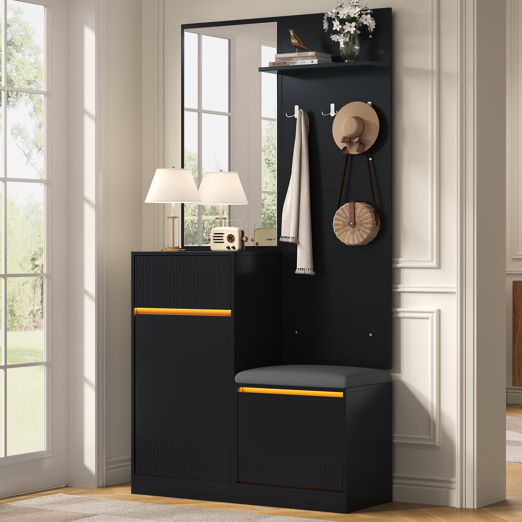 Generisch Kompaktowa garderoba z lustrem LED ławka na buty 105 x 38 x 190 cm czarna