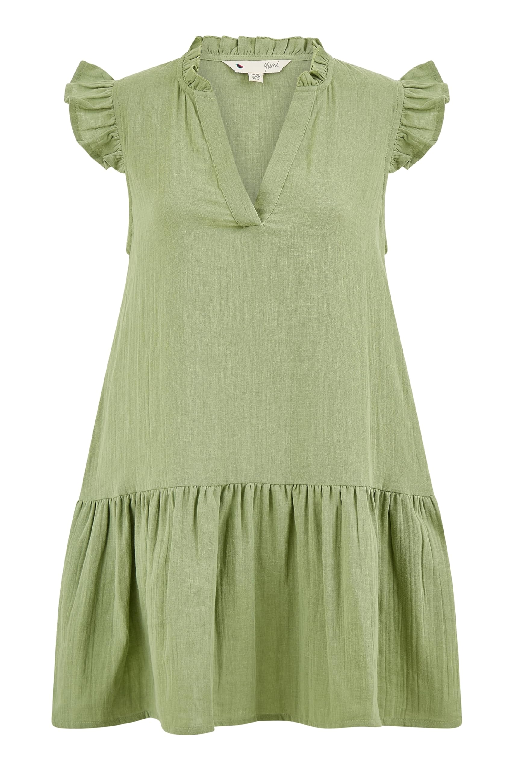 Yumi Green Double Cotton Tunic With Frill Sleeves (UK, Numeric, 18, Regular, Regular, Green)